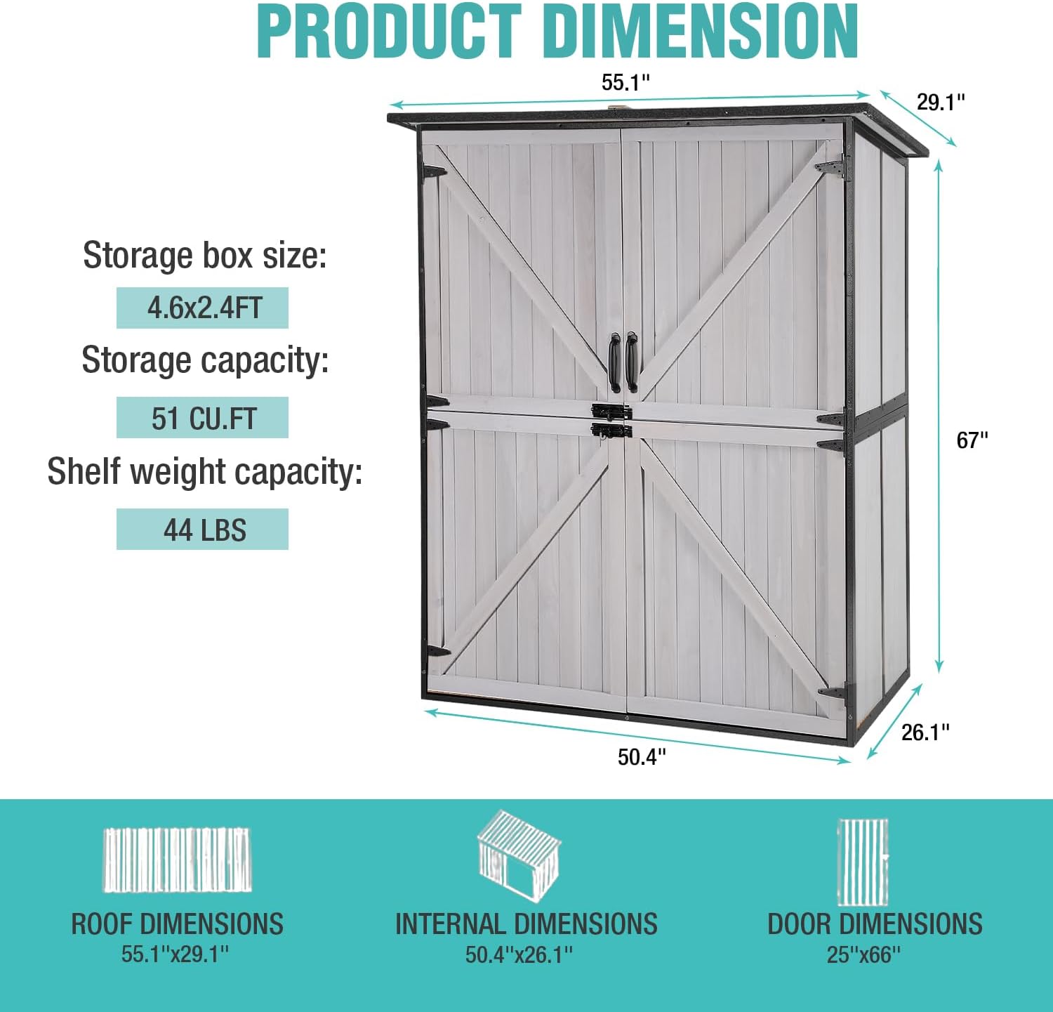 Storage Shed,Outdoor Storage Cabinet with Metal Frame Structure and Adjustable Shelves,Bike Storage Tool Cabinet Box for Backyard Garden Patio Lawn (Off White, 29' D x 55' W x 67' H)