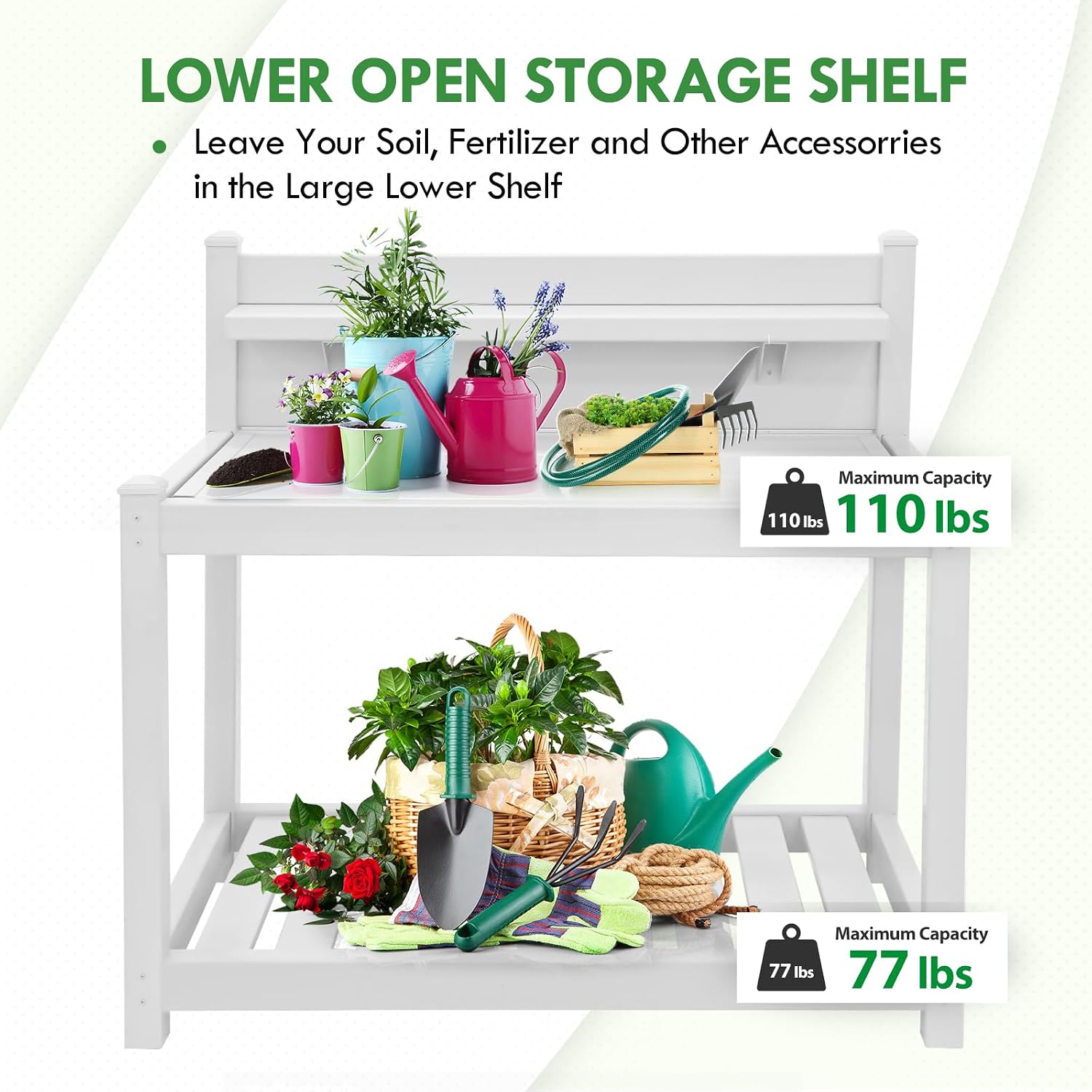 EAGLE PEAK Potting Bench, Weatherproof Vinyl Potting Table for Outdoor & Indoor Use, Easy Clean Garden Workstation with Storage Shelves, White, 40'