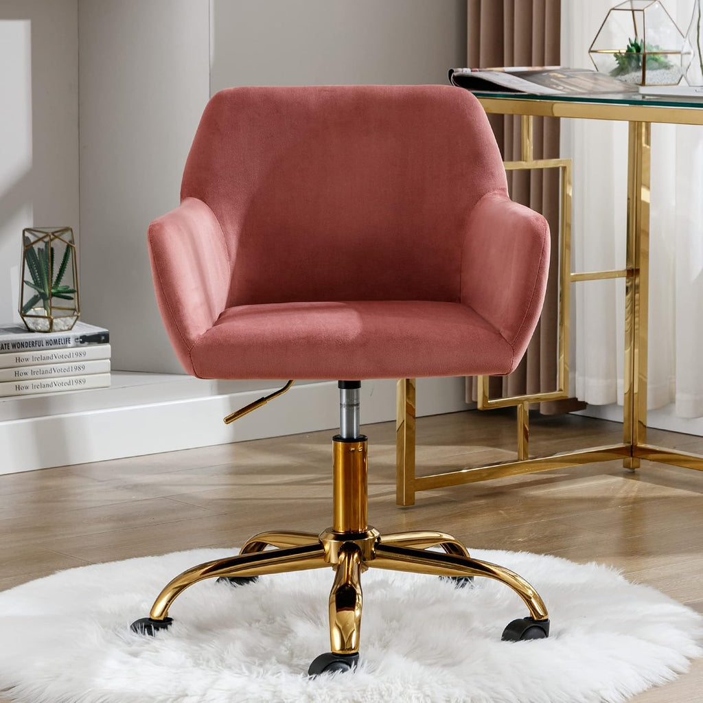 KCC Velvet Office Desk Chair, Comfy Swivel Modern Leisure Armchair with Wheels, Upholstered Comfy Velvet Fabric Makeup Chair Height Adjustable for Teens Women Girls Elegant Home Office, Rose