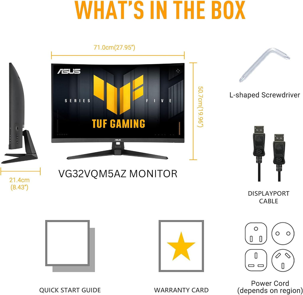 ASUS TUF Gaming Series 5 32' 1080P Curved Monitor (VG32VQM5AZ) - Full HD, 1500R, 240Hz, 0.5ms, Extreme Low Motion Blur Sync, FreeSync Premium, 120% sRGB, DisplayWidget, 3 yr Warranty