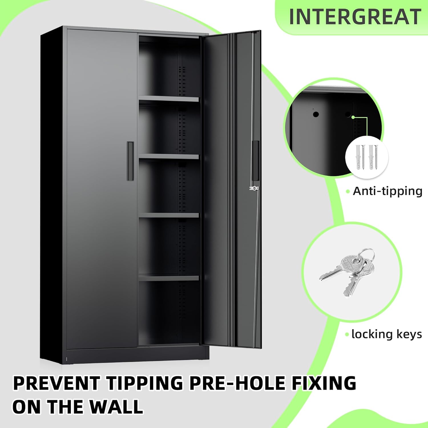 INTERGREAT Black Metal Storage Cabinet, 72' Locking Steel Cabinets with 2 Door and 4 Adjustable Shelves, Tall Metal Cabinet for Home Office, Garage, Warehouse