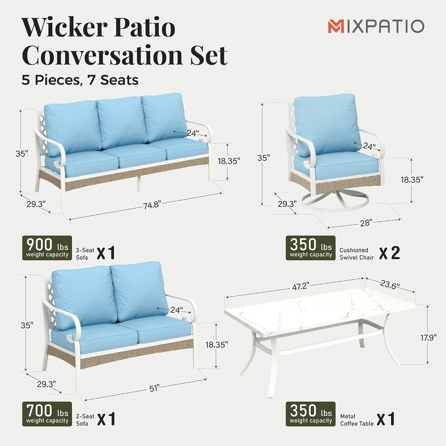 5 Piece Metal Patio Furniture Set, 7-Seat All Weather Outdoor Conversation Set with 3-Seat Sofa & 2 Swivel Chairs & Love Seat, Outdoor Sofa Set for Backyard, Deck, Garden, White/Blue