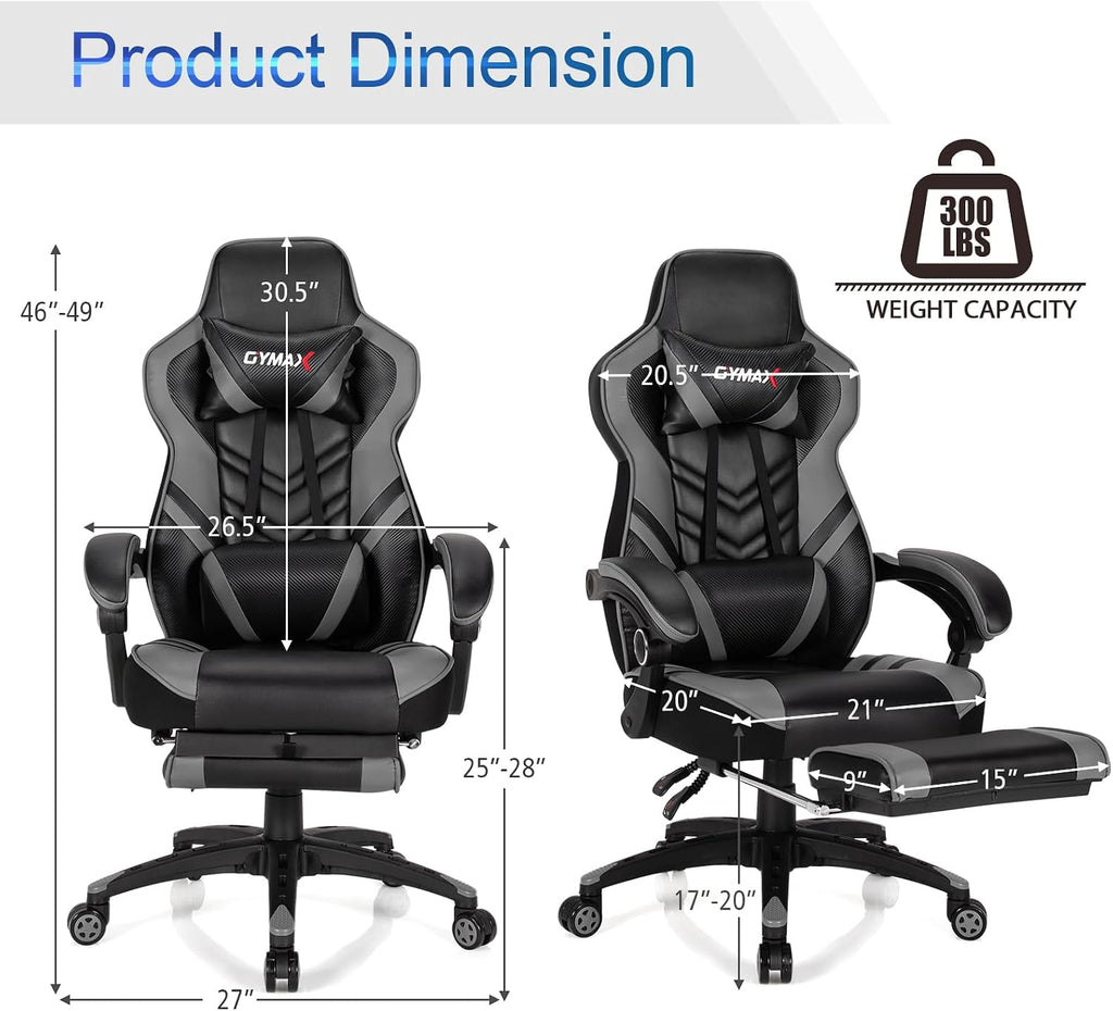 POWERSTONE Gaming Chair Video Game Chair with Footrest and Lumbar Support Racing Style PU Leather Computer Chair Ergonomic Adjustable Swivel Task Chair Gray