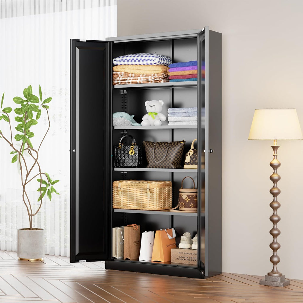 INTERGRAET Kitchen Pantry Cabinet, 63' Tall Metal Pantry Storage Cabinets with 2 Doors and 4 Shelves, Metal Storage Cabinet,Cupboard for Home,Kitchen,Living Room/Dining, Black