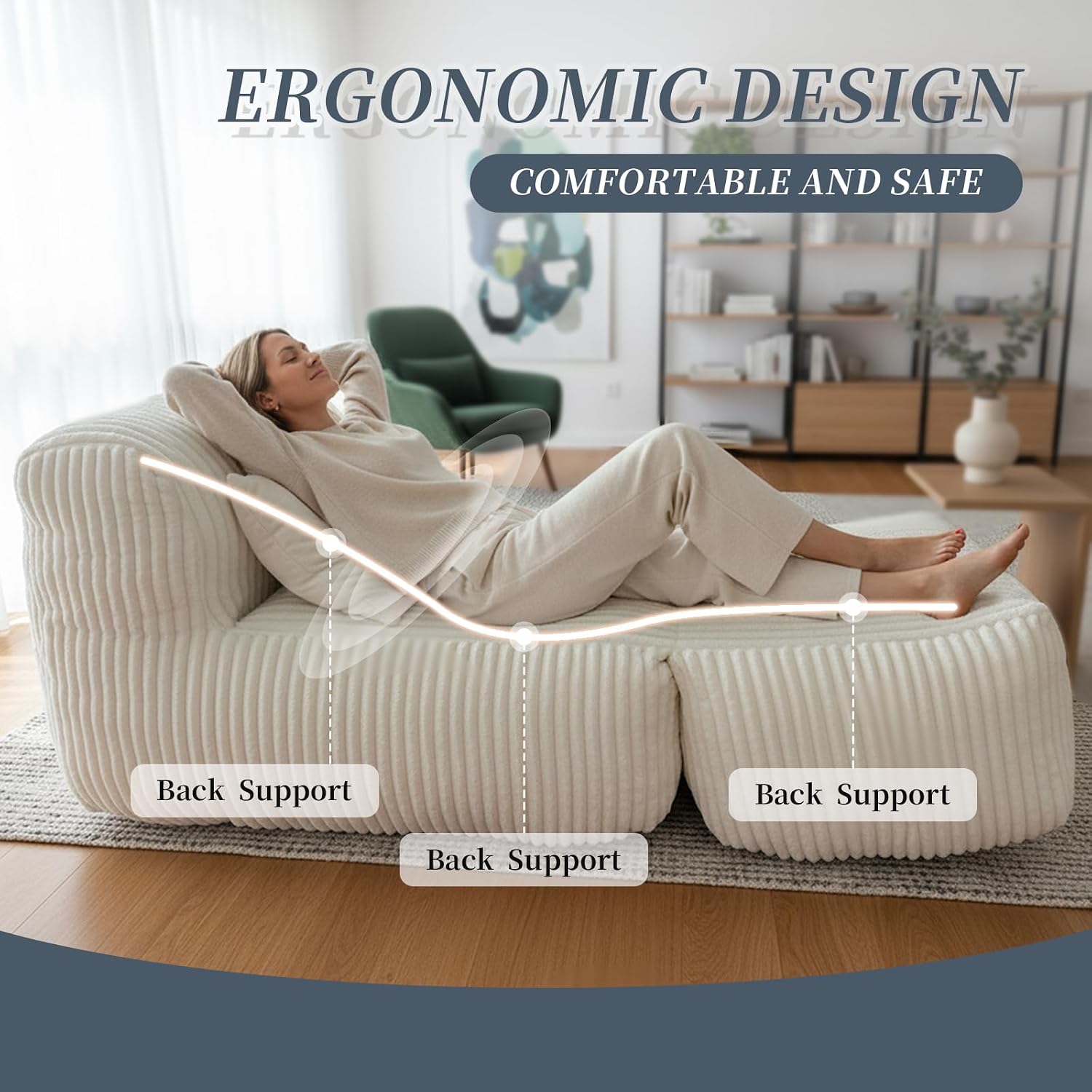 Large Memory Foam Bean Bag Chair for Adults – Big Lounger Sofa Seat for Living Room, Bedroom, or Balcony (Beige)