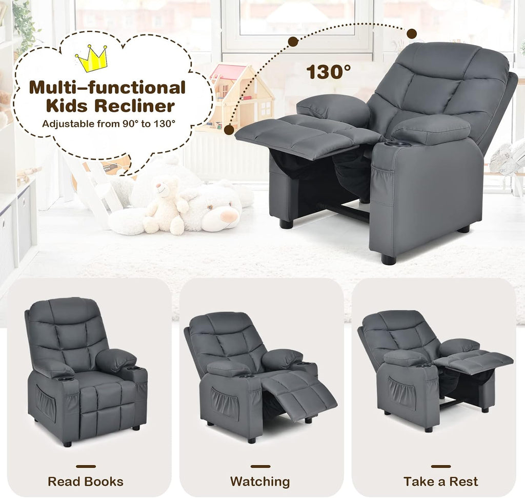 MAT EXPERT Kids Recliner, Leather Adjustable Reading Gaming Chair w/ 2 Cup Holder, 3 Side Pocket Storage & Footrest, Kids Couch Toddler Lounge Chair for Boys Girls, Kids Room Playroom Nursery (Grey)