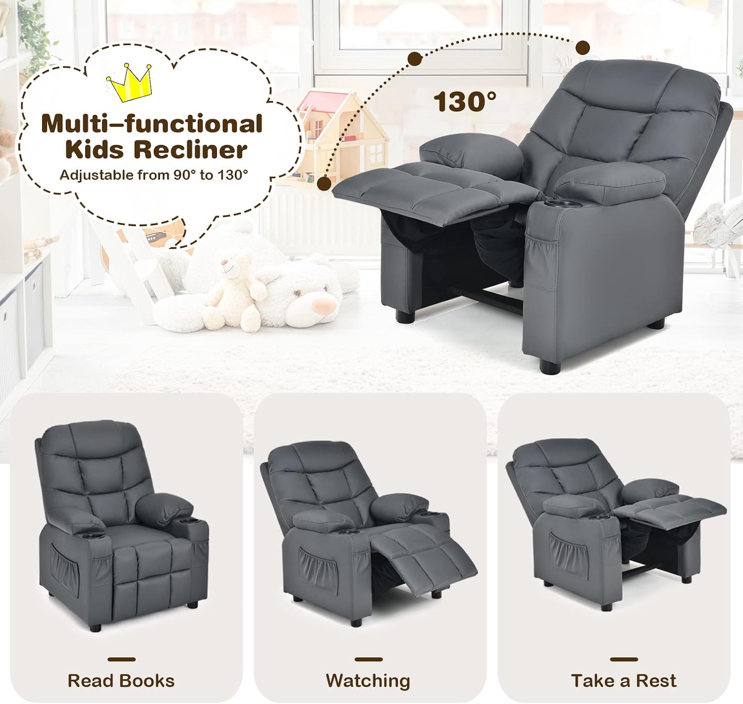 MAT EXPERT Kids Recliner, Leather Adjustable Reading Gaming Chair w/ 2 Cup Holder, 3 Side Pocket Storage & Footrest, Kids Couch Toddler Lounge Chair for Boys Girls, Kids Room Playroom Nursery (Grey)