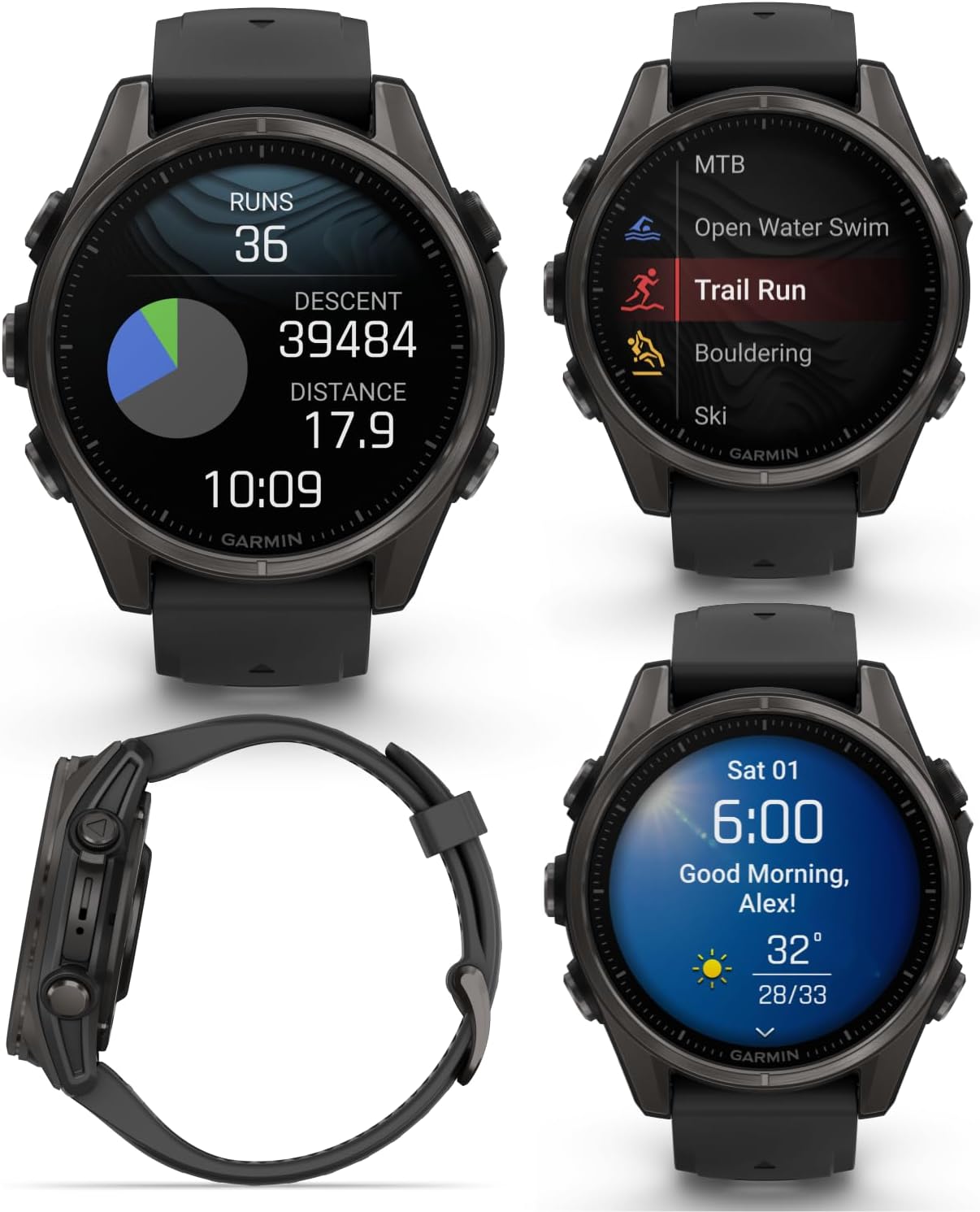 Garmin Fenix 8 – 43 mm Sapphire, AMOLED Multisport GPS Smartwatch, Carbon Gray DLC Titanium with Black/Pebble Gray Silicone, Built-in LED Flashlight, Voice Control Black Earbuds Bundle