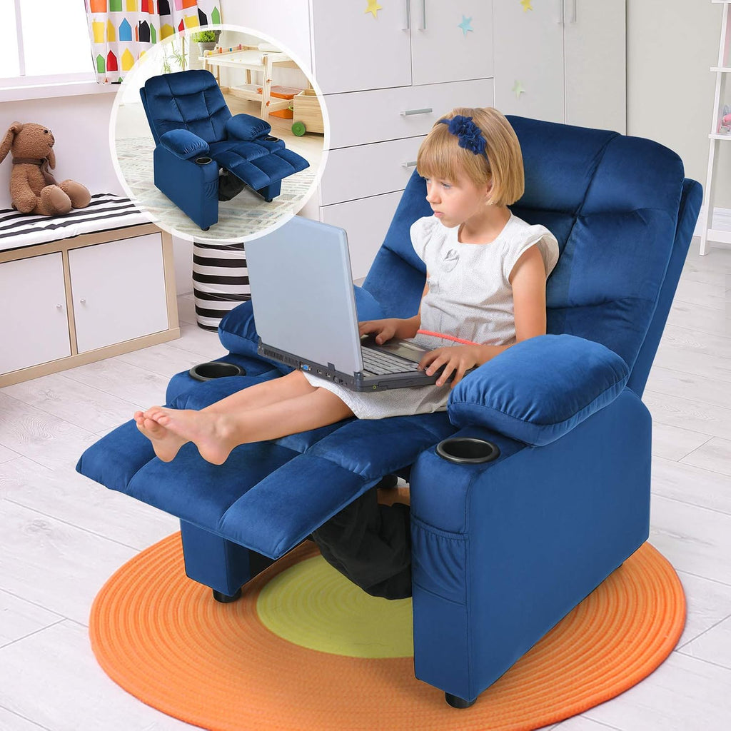 MAT EXPERT Kids Recliner, Velvet Adjustable Reading Chair w/ 2 Cup Holder, 3 Side Pocket Storage & Footrest, Kids Couch Gaming Chair, Toddler Lounge Chair for Boys Girls, Kids Room Playroom (Blue)