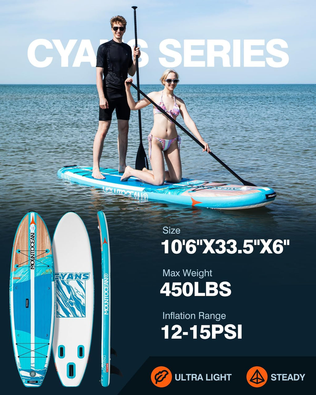 Mountocean 10'6' Inflatable Stand Up Paddle Board - 450lbs Max Capacity Ultra-Stable SUP for Adults & Youth - Non-Slip EVA Deck, All-Around ISUP with Complete Accessories