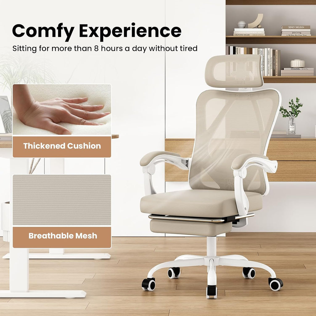 Farini Office Chair with Headrest, Ergonomic Mesh Office Chair with Footrest, High Back Desk Chair with Adjustable Lumber, Swivel Computer Chair for Home Office Study Room, White and Khaki