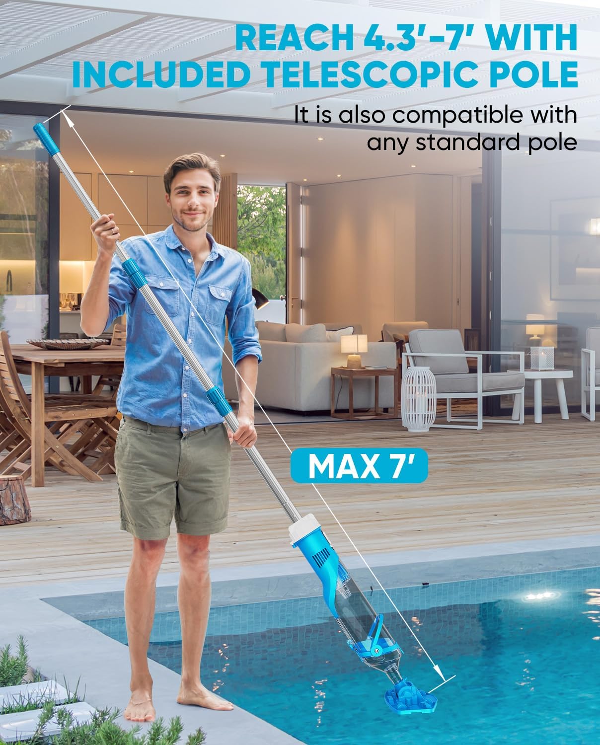Cordless Pool Vacuum with Telescopic Pole, 18.5 GPM Powerful Suction, 1.5H Supercharge Technology, Handheld Pool Vacuum Cleaner for Above Ground/Inground Pools, Hot Tubs, Sky Blue