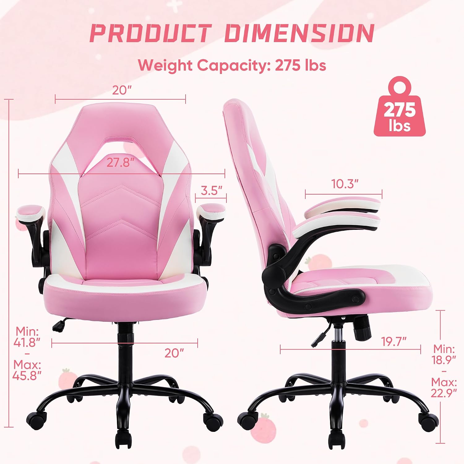 Heavy Duty Gaming Chair Ergonomic Gamer for Home Office with Lumbar Support, Adjustable Backrest, Flip-Up Armrest and Stable 360° Swivel Wheels for Adults, Professional Gamers and Teens, Pink-White