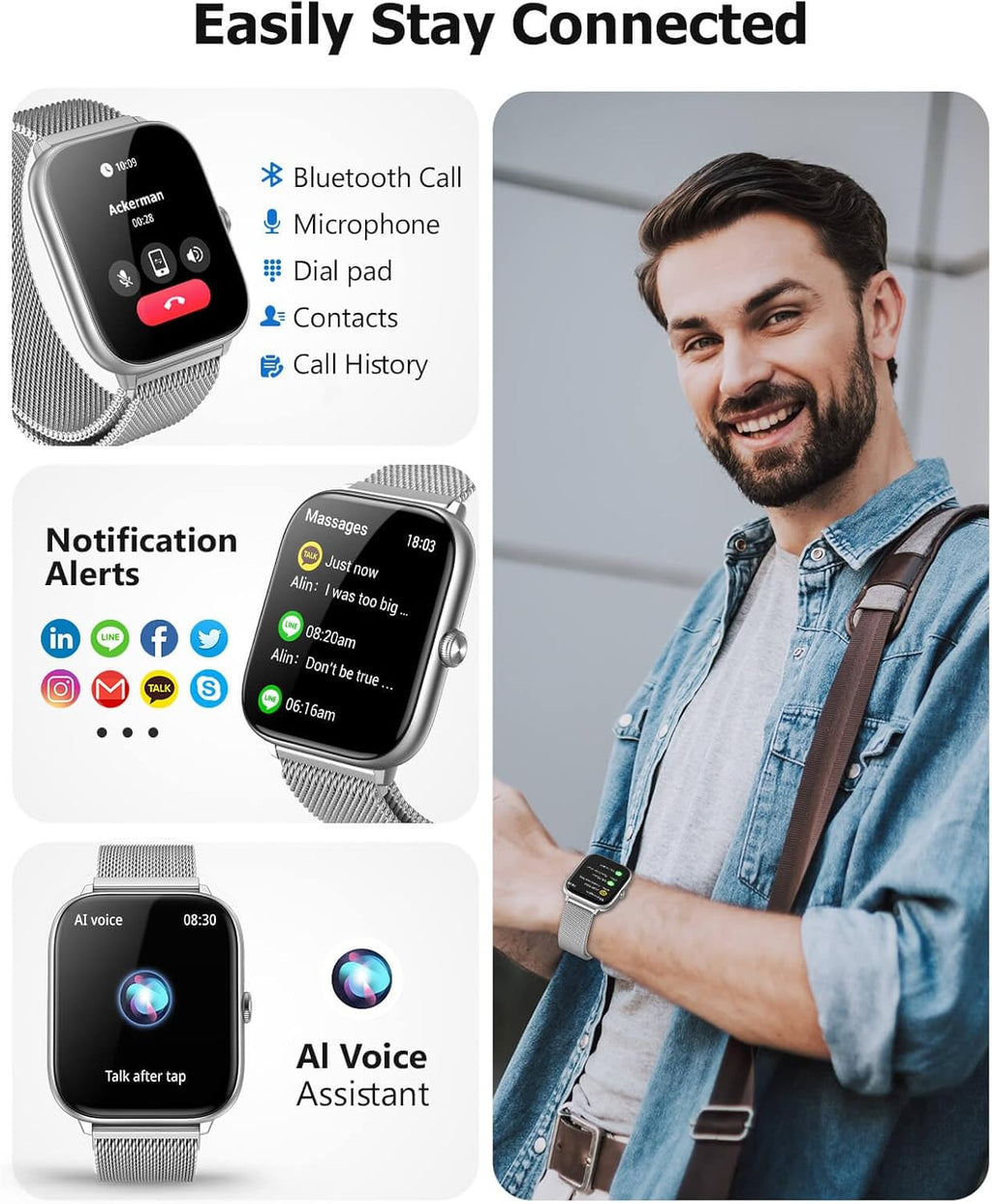 Silver Smart Watch for Men Women with Blood Pressure Monitor, 2.06' AMOLED Display, Metal IP68 Waterproof Fitness Tracker, 118 Sports, Heart Rate/SpO2/Sleep, Tech Gift, Android iPhone Compatible