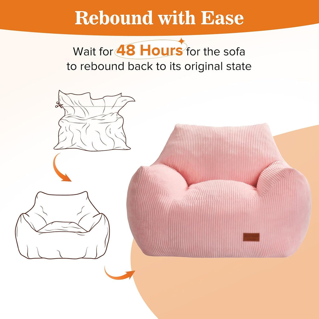 Big Bean Bag Chair for Adults, Ultra Soft Living Room Bean Bag with Armrests, Stuffed BeanBag Chair for Napping, Gaming, Vacuum-Compressed for Easy Gifting, 48 Hours to Fluffs Up, Pink
