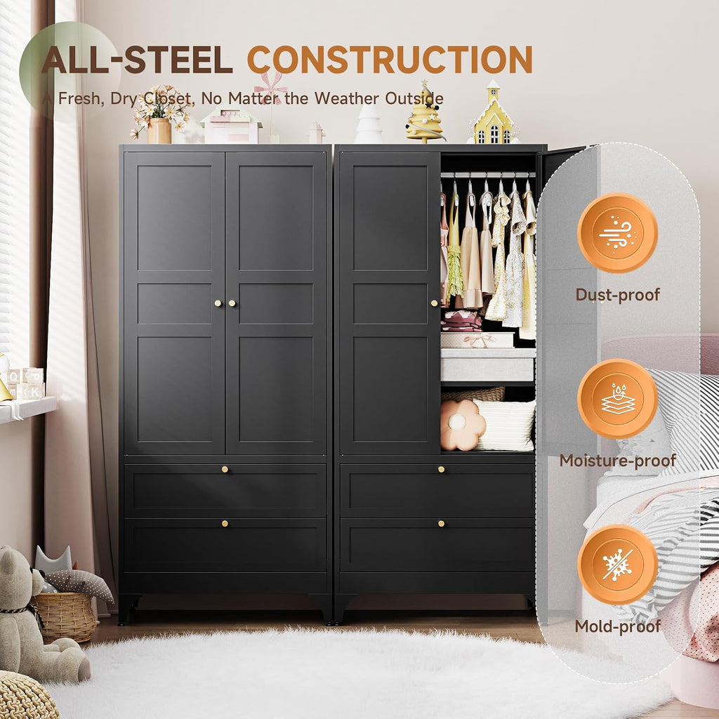 Letaya 71' Metal Wardrobe Cabinets with 2 Drawers,Steel Armoire Wardrobe Closet with Doors and Shelves,Clothing Storage Cabinets with Hanging Rod for Bedroom, Gym, Cloak Room,Black