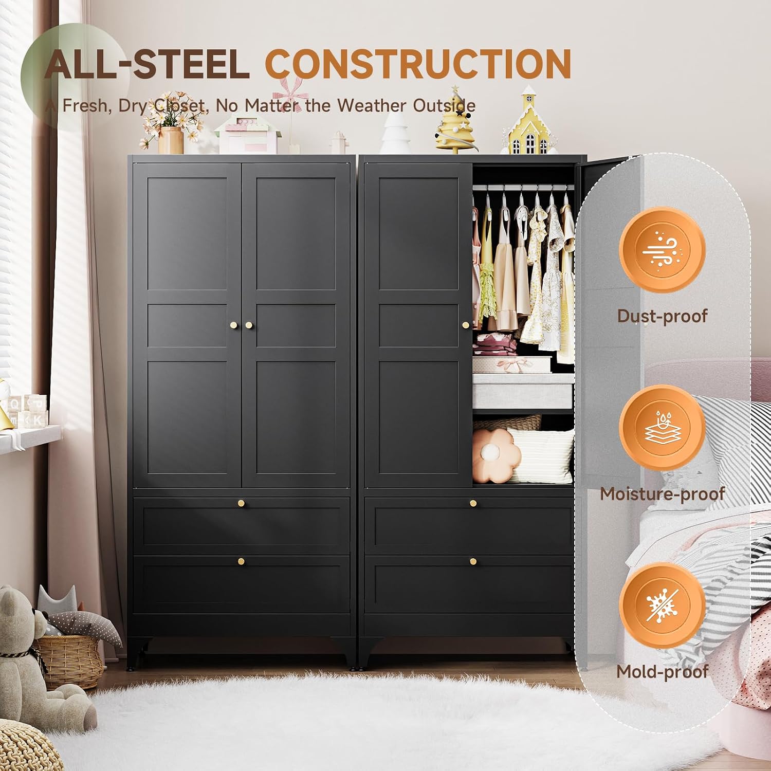 Letaya 71' Metal Wardrobe Cabinets with 2 Drawers,Steel Armoire Wardrobe Closet with Doors and Shelves,Clothing Storage Cabinets with Hanging Rod for Bedroom, Gym, Cloak Room,Black