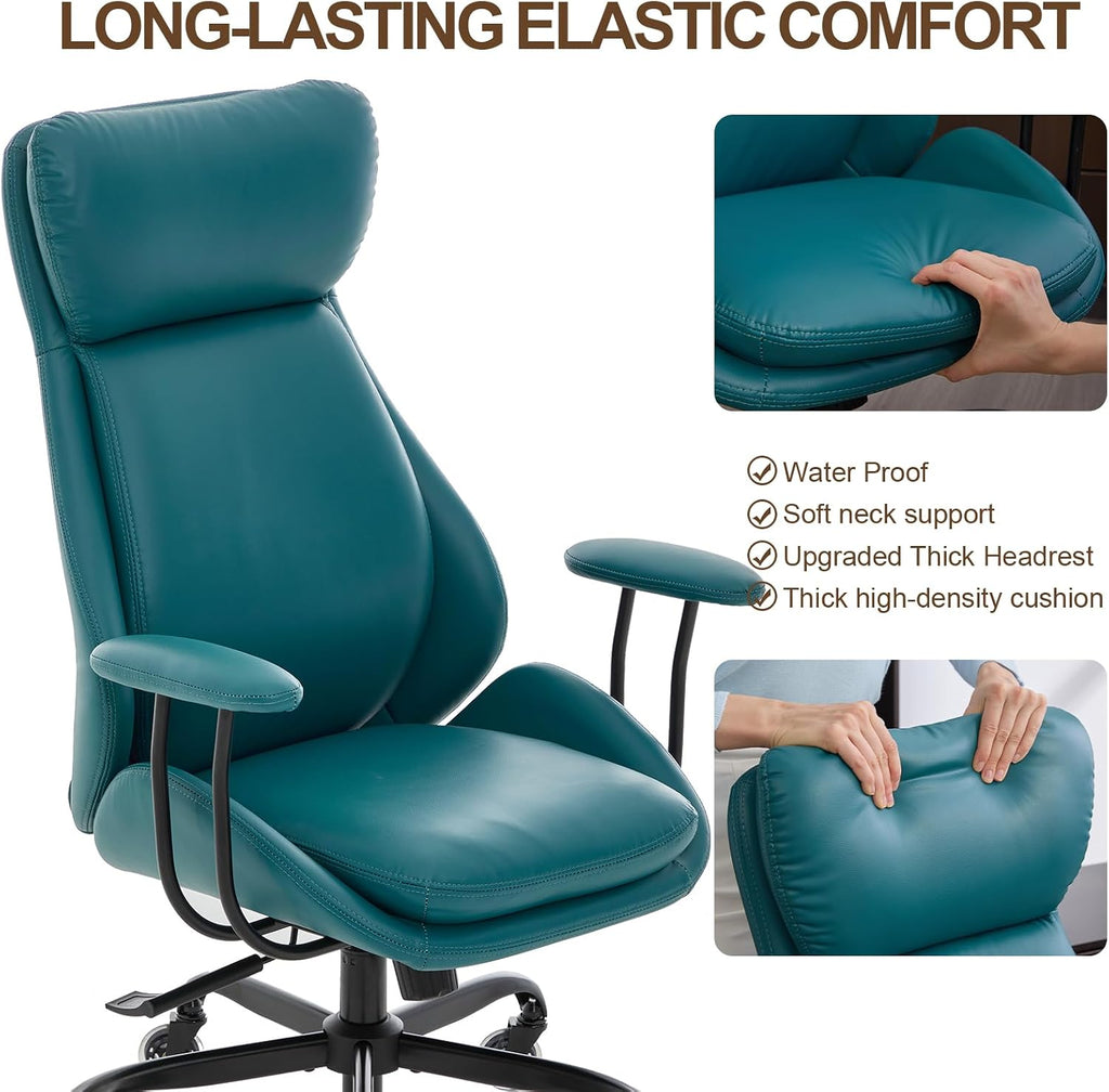 E-Motie Office Chair, Leather Desk Chair with Rubber Wheels, Ergonomic Computer Chair 500 LBS with Lumbar Support, High Back Executive Chair for Modern Home Office, Green