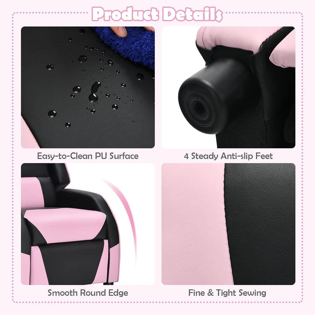 COSTWAY Kids Recliner Sofa, Toddler Leather Recliner with Adjustable Footrest & Headrest, Gaming Reclining Chair for Boys Girls Aged 3 Years Up, Kid-Sized Lounge Chair for Living Room (Pink)