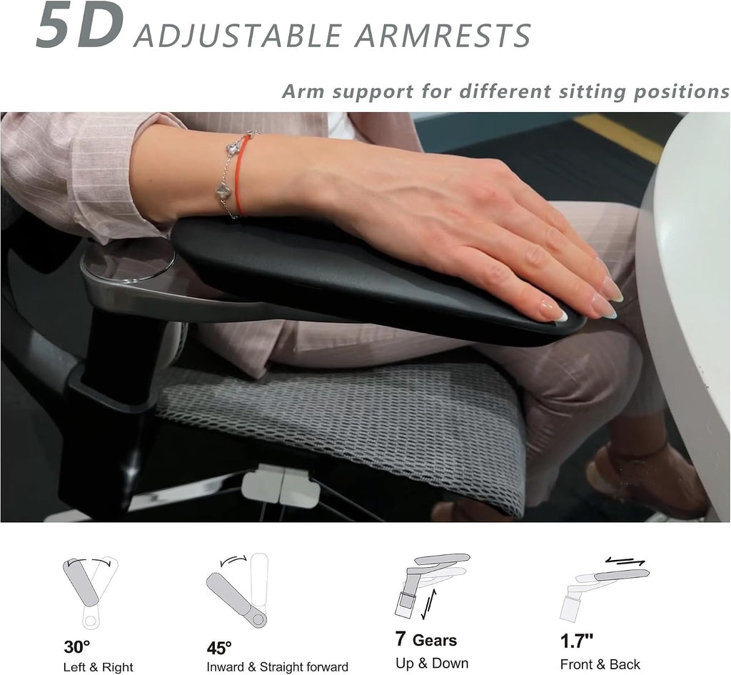 Ergonomic Office Chair with Adjustable 3D Lumbar Support, Mesh Computer Chair 5D Armrests, Home Desk Chair with 4D Headrest, 90-130°Tilt, BIFMA Certified, Model Zen (Grey)