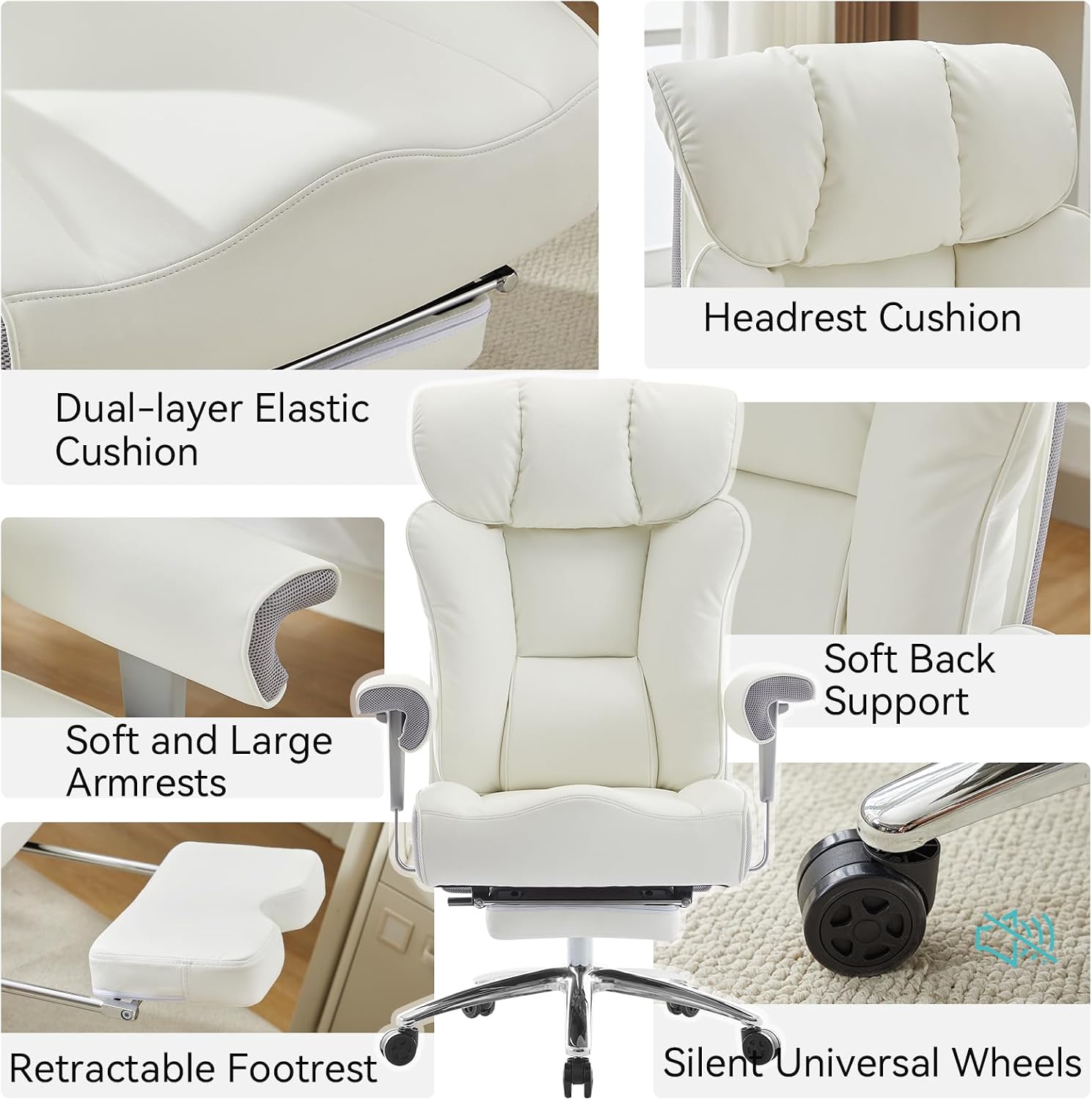 Efomao Big and Tall Office Chair with Footrest, 450lbs High Back Executive Chair with Spring Cushion, PU Leather Upholstery, Padded Armrests, Swivel Base, and Rolling Wheels – White Computer Chair