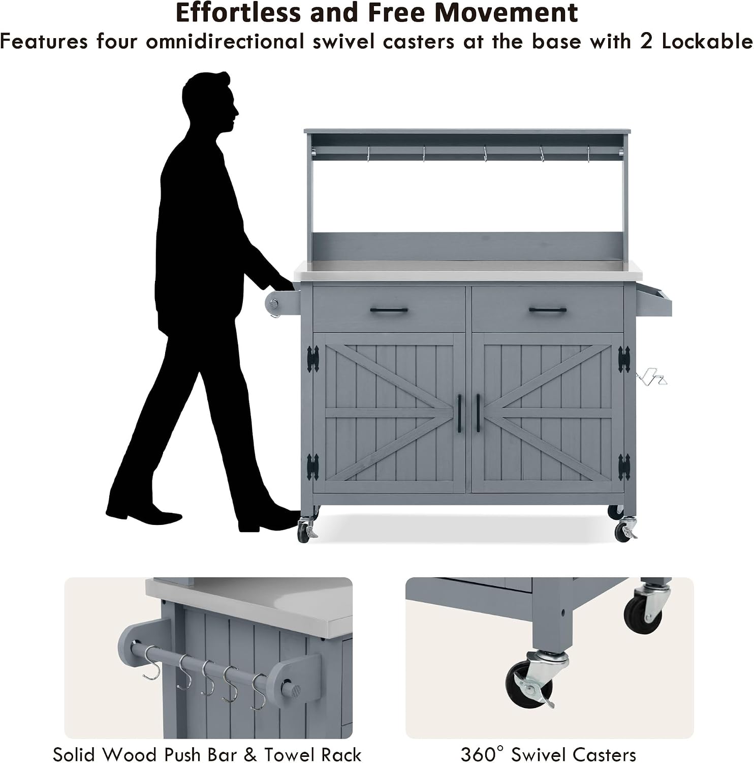 LUMISOL Grill Cart with Stainless Steel Top & High Shelf, Outdoor Solid Wood Kitchen Island with Lockable Wheels, Large Potting Bench Table with Storage Cabinet & Towel Rack, Grey+Blue