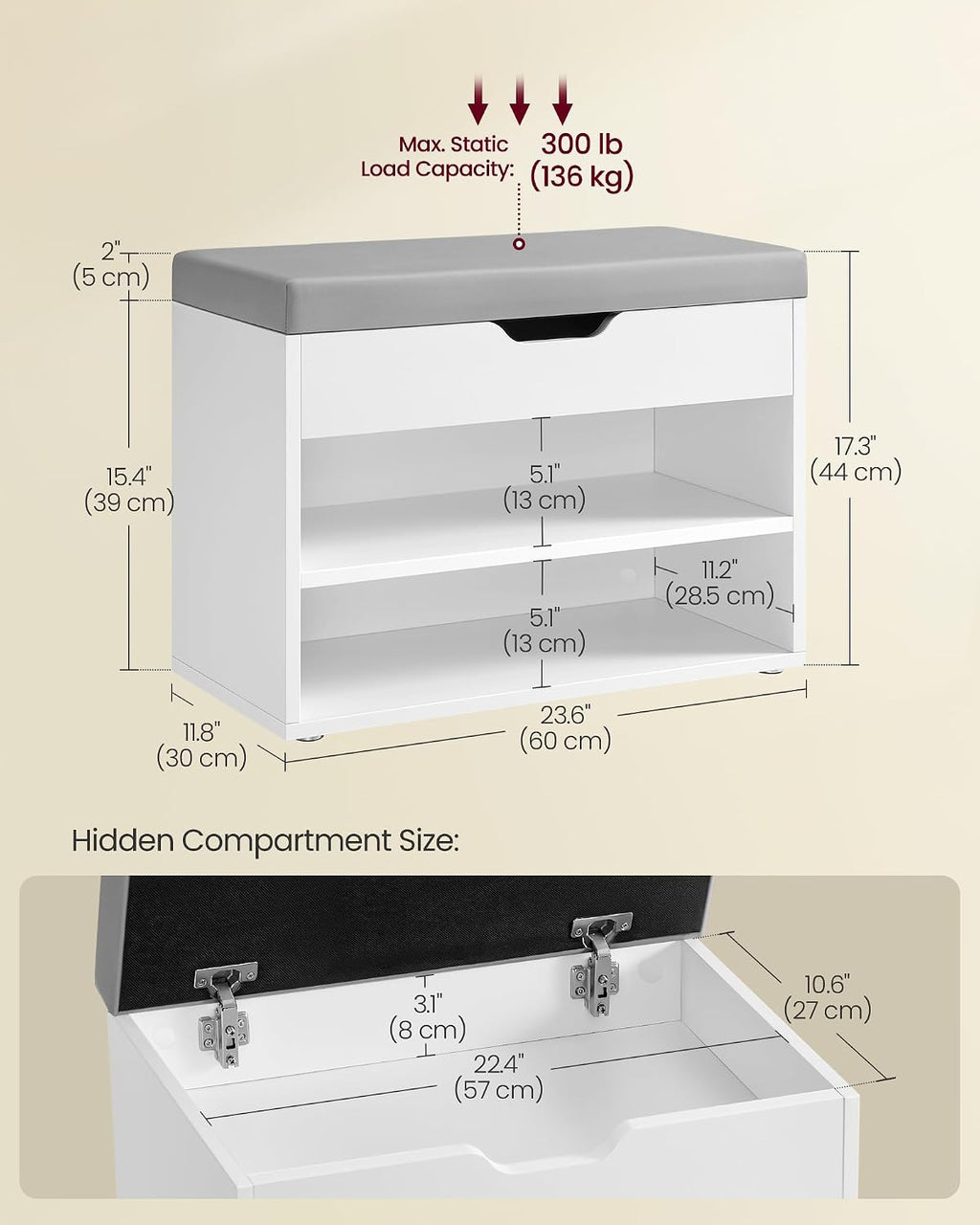 VASAGLE Shoe Bench with Cushion, Storage Bench with Padded Seat, Entryway Bench with 3 Storage Compartments, 11.8 x 23.6 x 17.3 Inches, for Bedroom, Living Room, Cloud White ULHS020W01