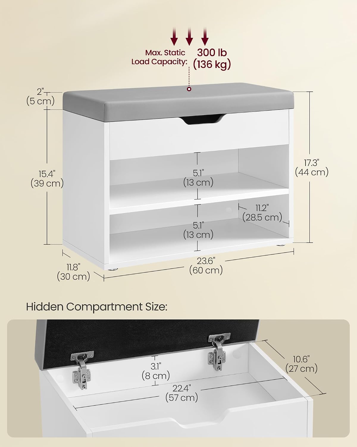 VASAGLE Shoe Bench with Cushion, Storage Bench with Padded Seat, Entryway Bench with 3 Storage Compartments, 11.8 x 23.6 x 17.3 Inches, for Bedroom, Living Room, Cloud White ULHS020W01