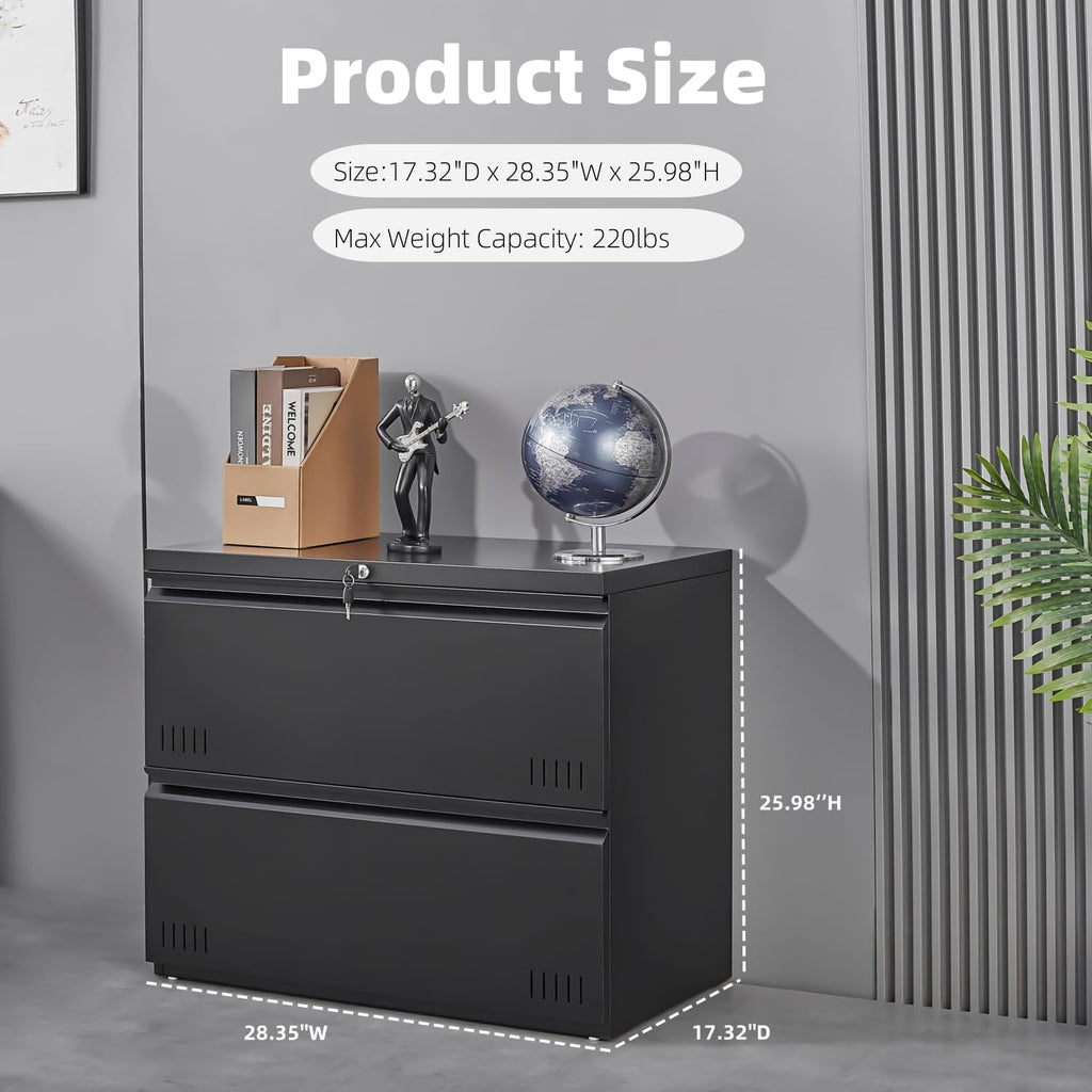 Guizeeopo Metal File Cabinet with Lock, 2 Drawer Lateral File Cabinets for Home Office, Printer Stand, Heavy Duty Office Storage Cabinet for A4/Letter/Legal Size, Assembly Required(Black)