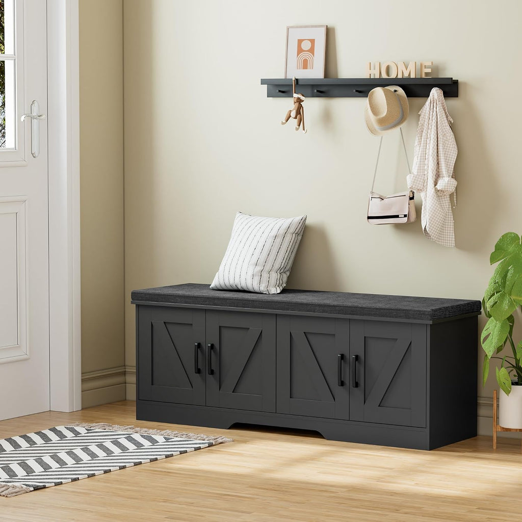 HOMSHO 2-Tier Storage Bench, 47.2' Wide Shoe Bench with Padded Seat Cushion, Entryway Bench with 4 Barn Doors and Adjustable Shelf, Black