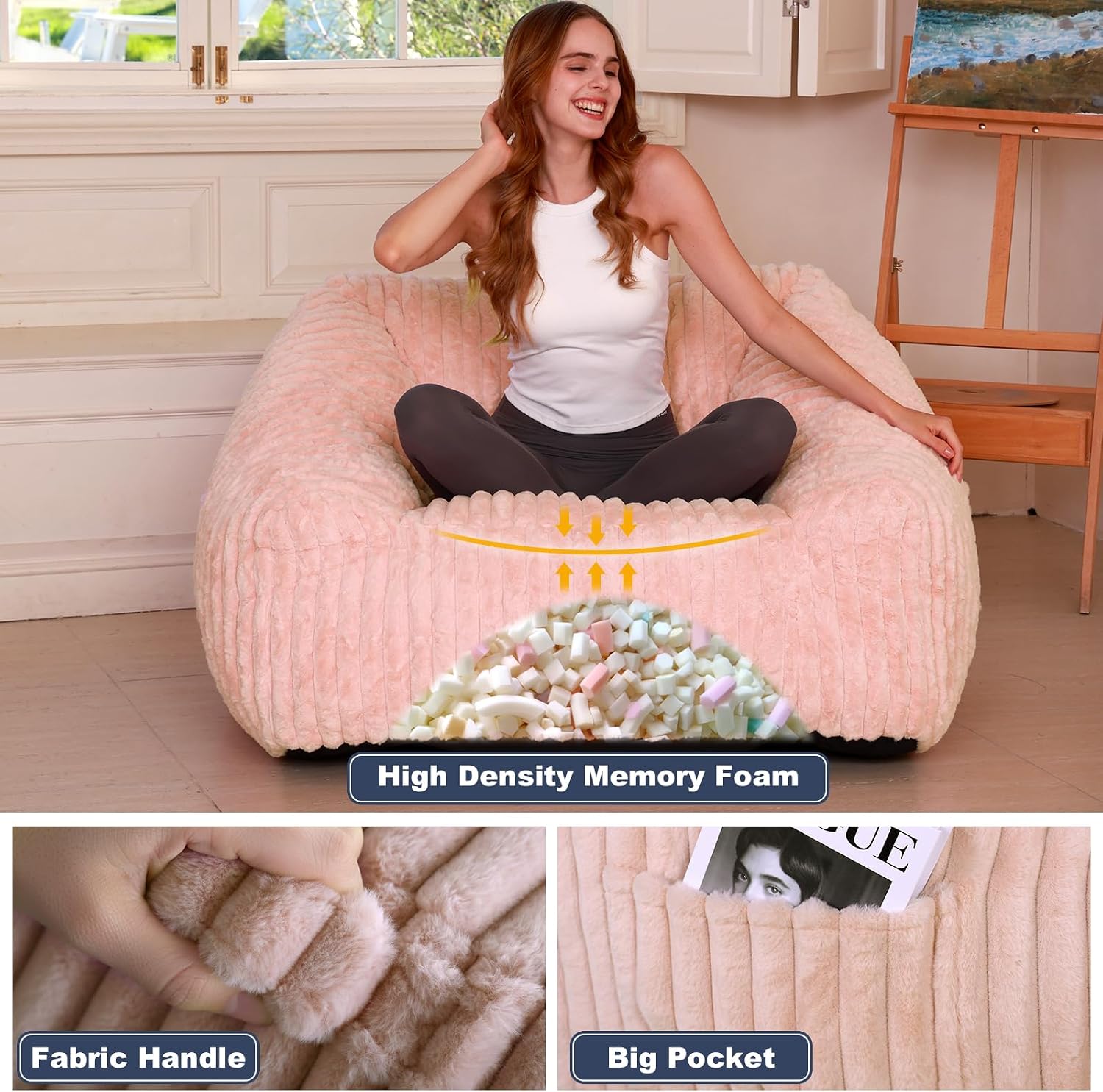 Bean Bag Chair with Memory Foam Filling- Large Stuffable Soft Giant Beanbag Reading Chair, Adults Lounge Gaming Lazy Sofa Bed for Living Room Bedroom- Pink,Stripe Fur