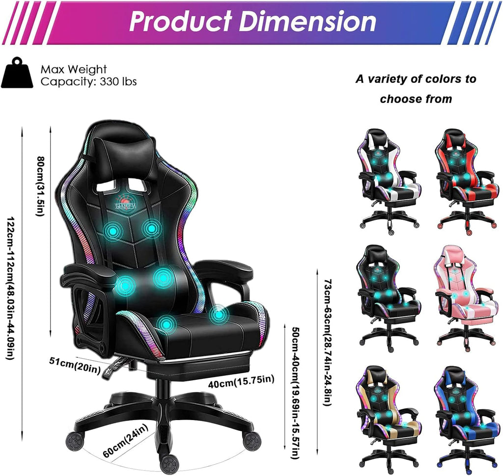 LED Gaming Chair with Speakers, Massage Computer Chair Ergonomic Racing Office Chair PU Leather Recliner Swivel Gamer Chair with Lumbar Support Headrest Armrest and Footrest,Black