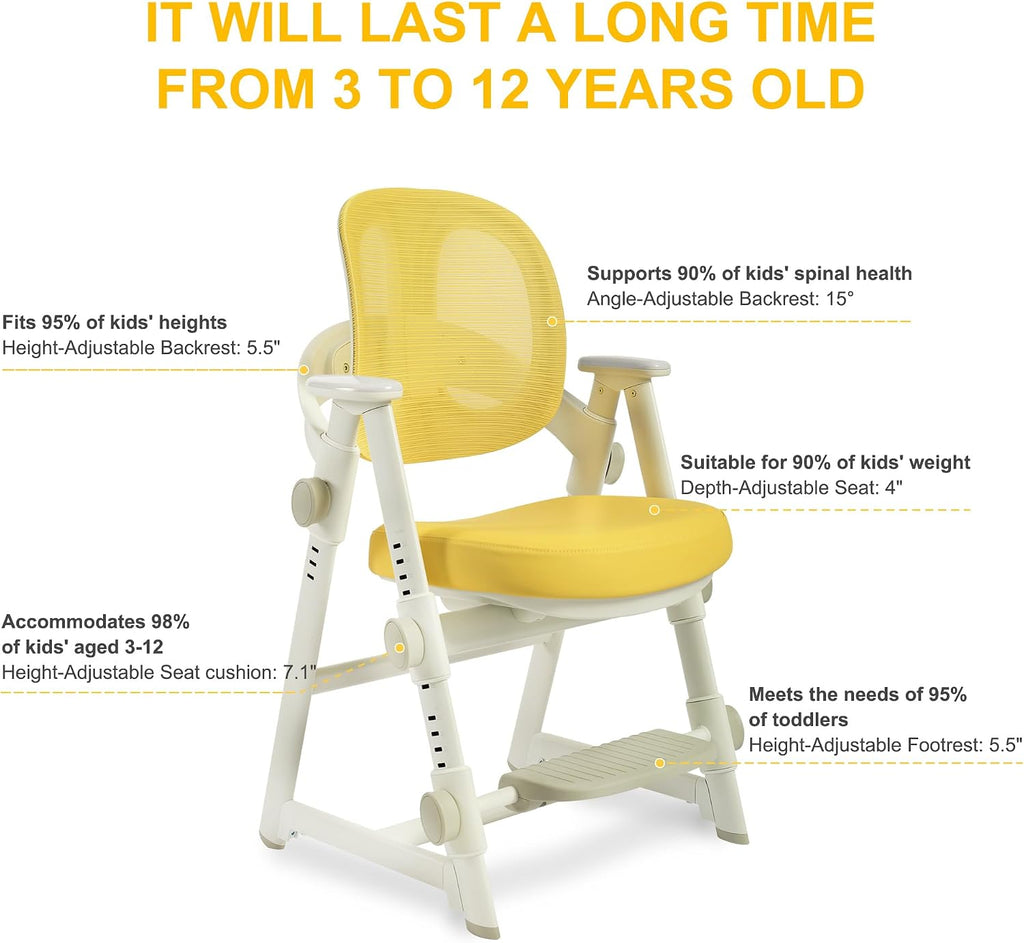 Ergonomic Kids' Study Chair, Height Adjustable Kids Desk Chair for Boys Girls,Comfortable for Teenagers Playing, Drawing, Ideal Gift for Children,Students（Yellow）