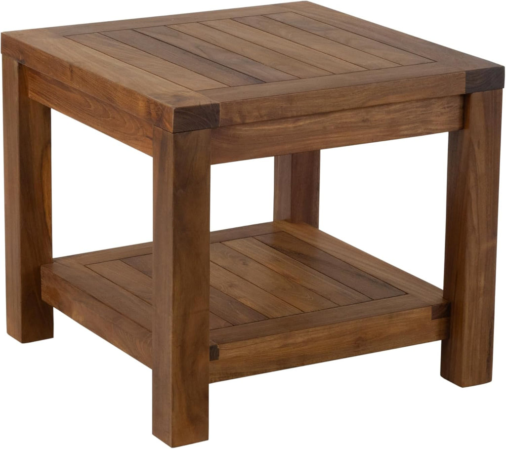 Teak Wood Side Table with Storage - Teak Oil Finish Indoor and Outdoor Wooden Furniture for Deck, Porch, Balcony, Living Room, Bedroom and Backyard (18' D x 18' W x 18' H)