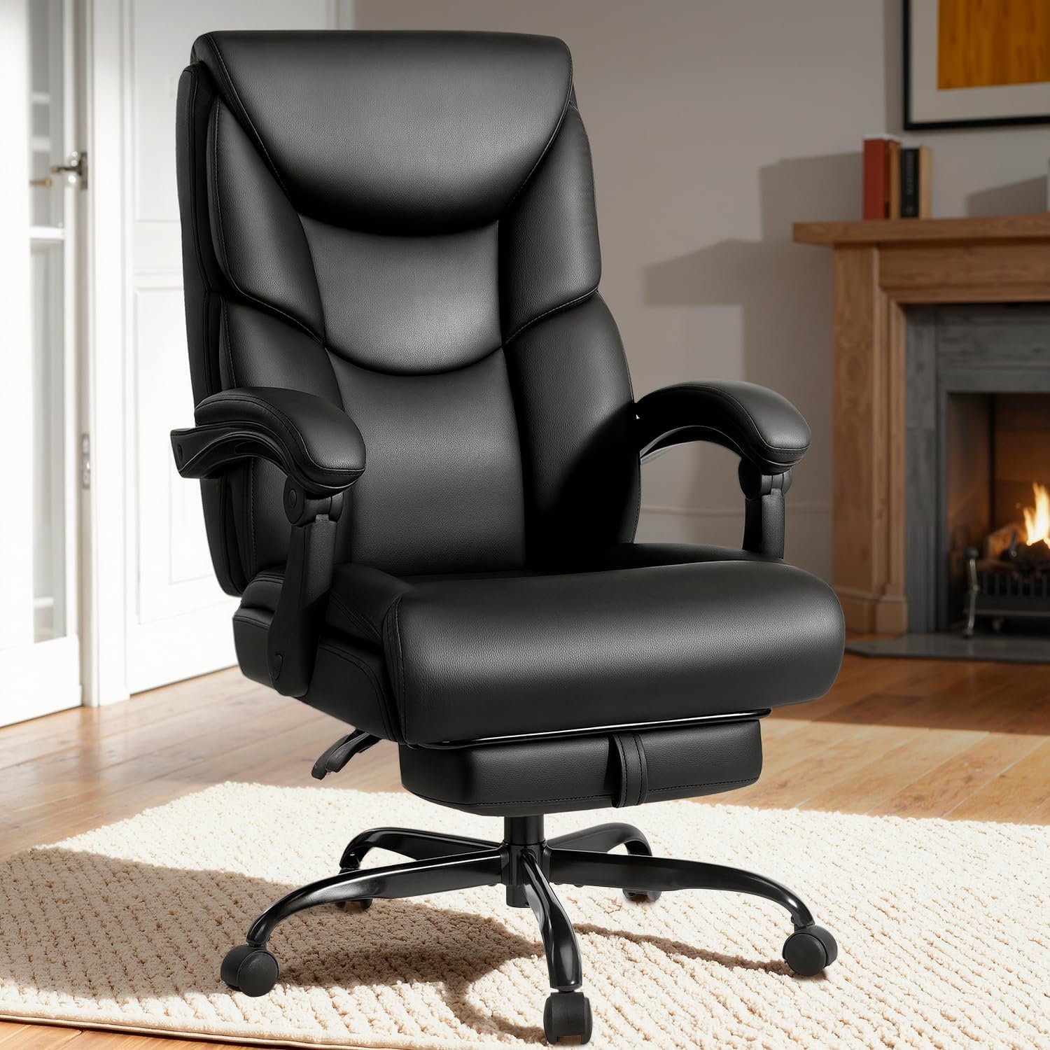 WAILOR 400lbs Office Chair with Foot Rest, Reclining Big and Tall Office Chair with Lumbar Support Spring Cushion, High Back PU Leather Computer Chair,Comfy Desk Chair for Home Office