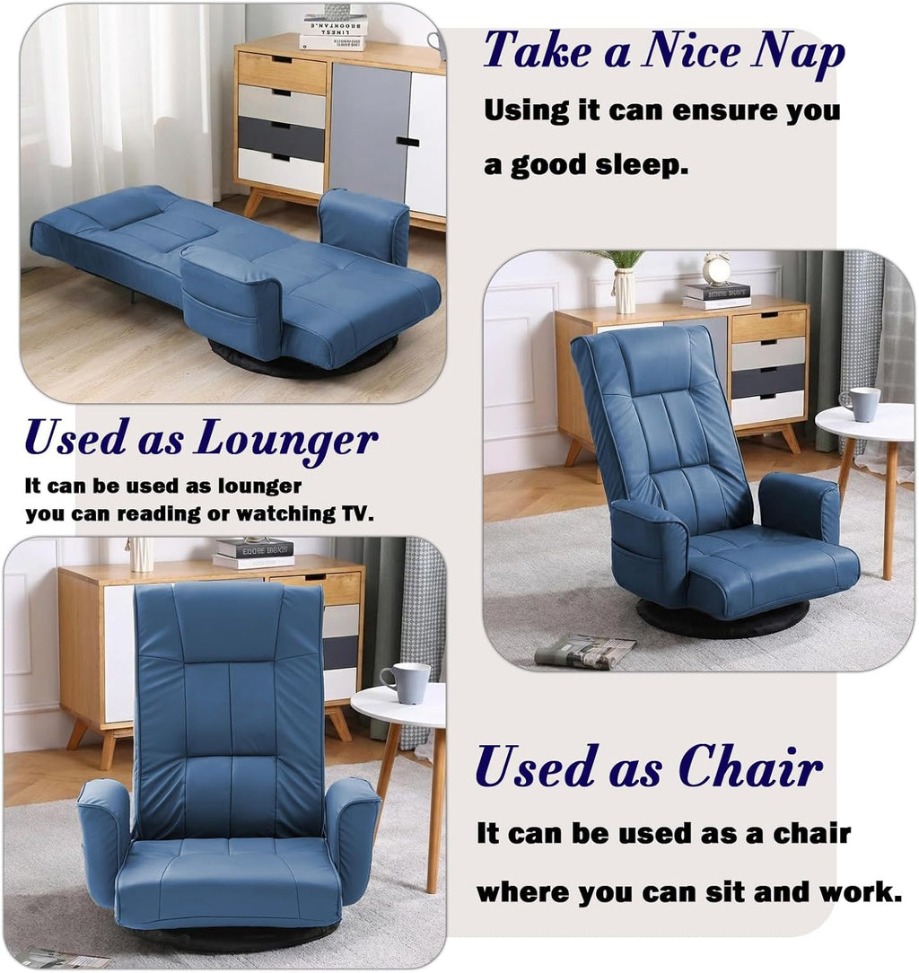 360 Degree Swivel Floor Chairs for Adults, Faux Leather Gaming Floor Chair with Back Support, 14 Angles Adjustable Comfortable Floor Lounge Chair Folding Video Game Chairs Office Bedroom