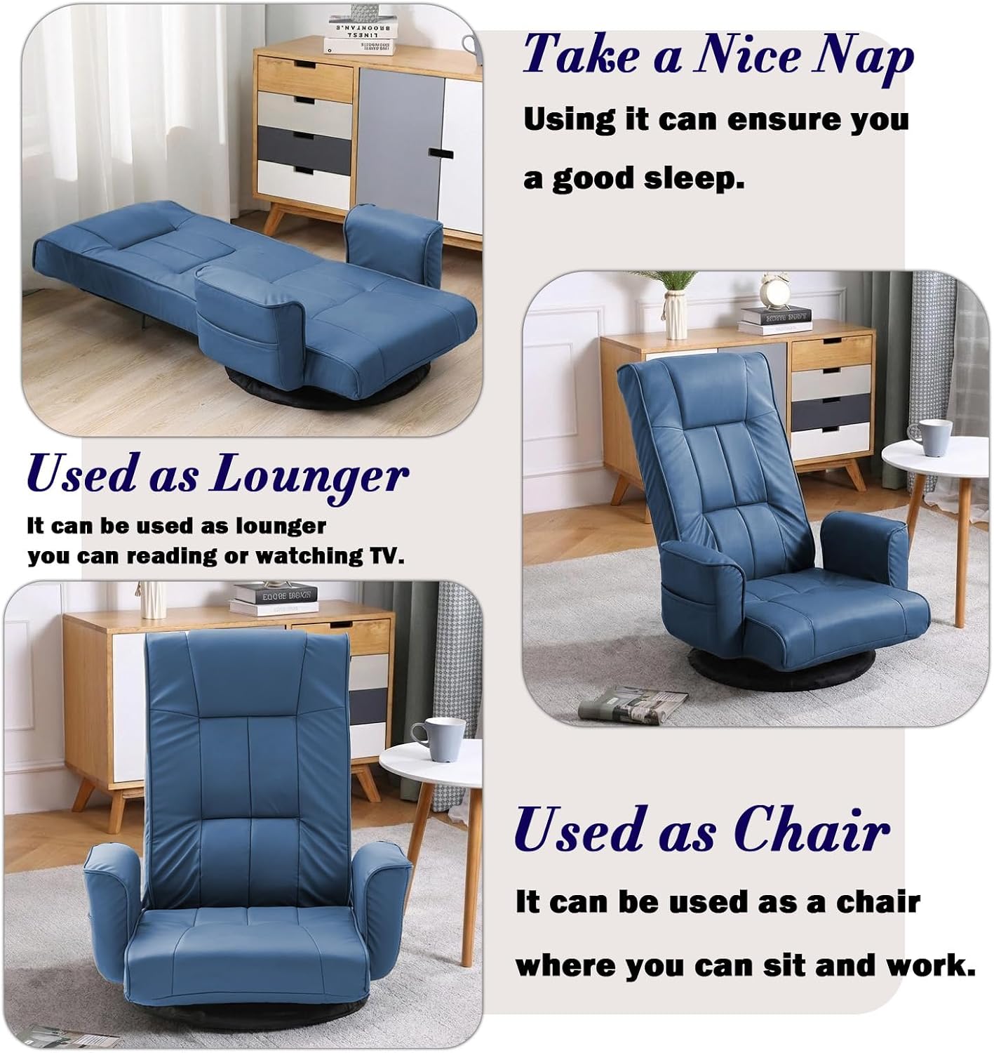 360 Degree Swivel Floor Chairs for Adults, Faux Leather Gaming Floor Chair with Back Support, 14 Angles Adjustable Comfortable Floor Lounge Chair Folding Video Game Chairs Office Bedroom