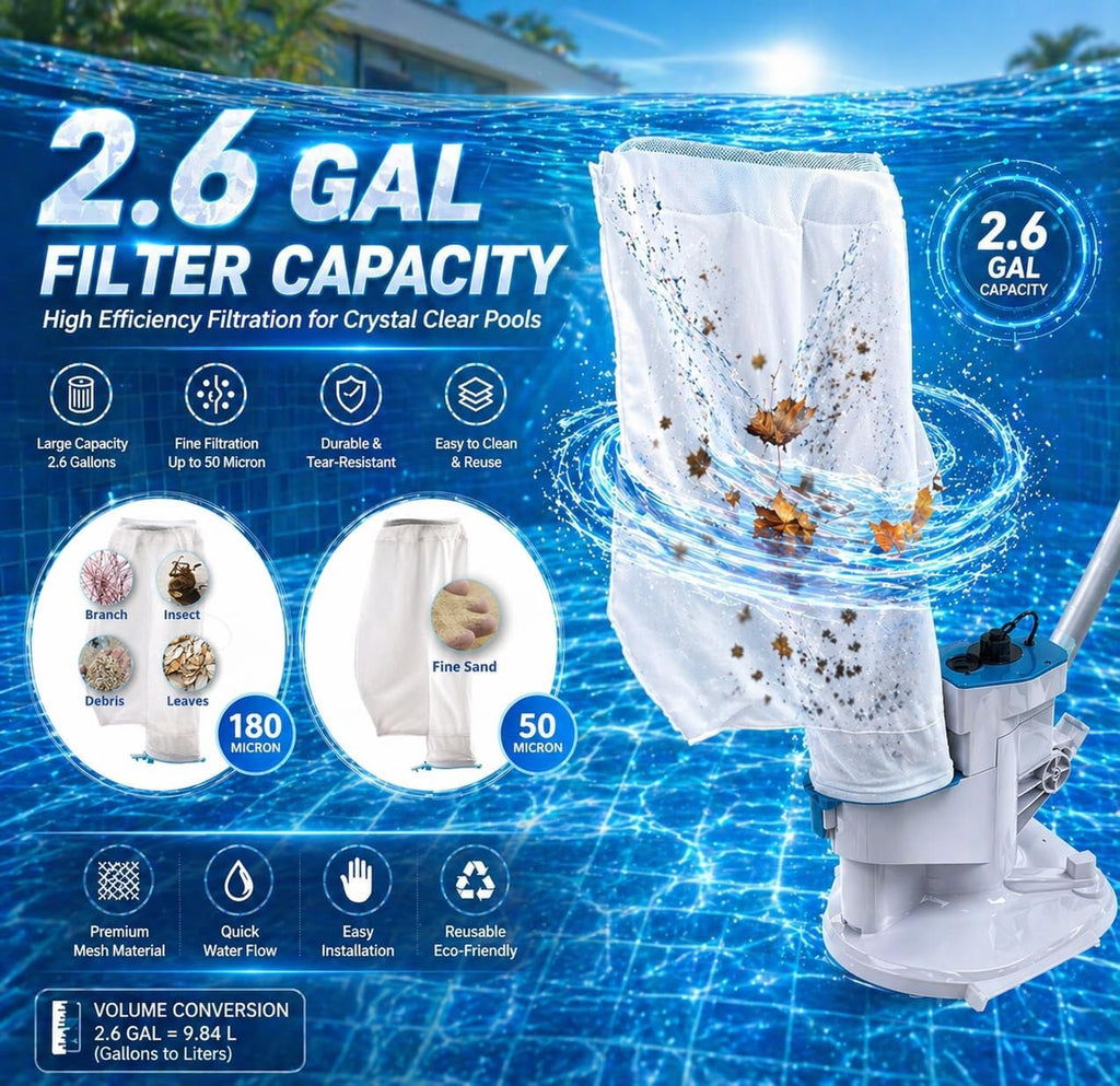 2026 New Upgrade Cordless Pool Leaf Vacuum Cleaner with Dual Filter Bags for Above & Inground Pools, Heavy Duty Pool Vacuum with Aluminum Tubes, 48 GPM Strong Suction for Leaves & Debris Removal