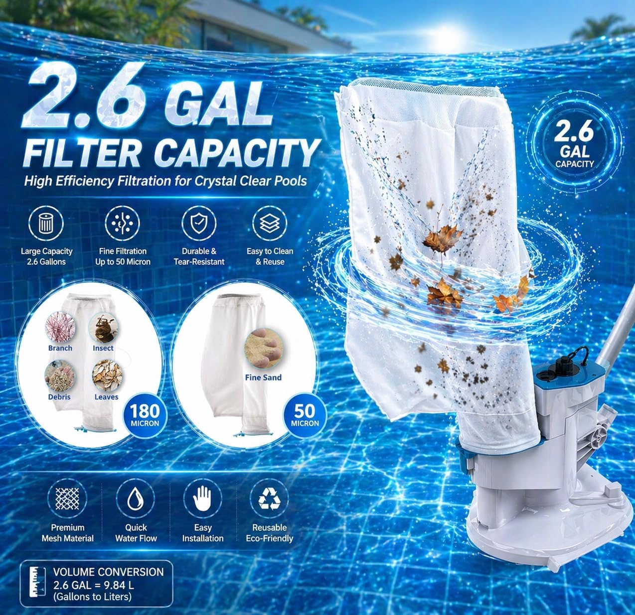 2026 New Upgrade Cordless Pool Leaf Vacuum Cleaner with Dual Filter Bags for Above & Inground Pools, Heavy Duty Pool Vacuum with Aluminum Tubes, 48 GPM Strong Suction for Leaves & Debris Removal