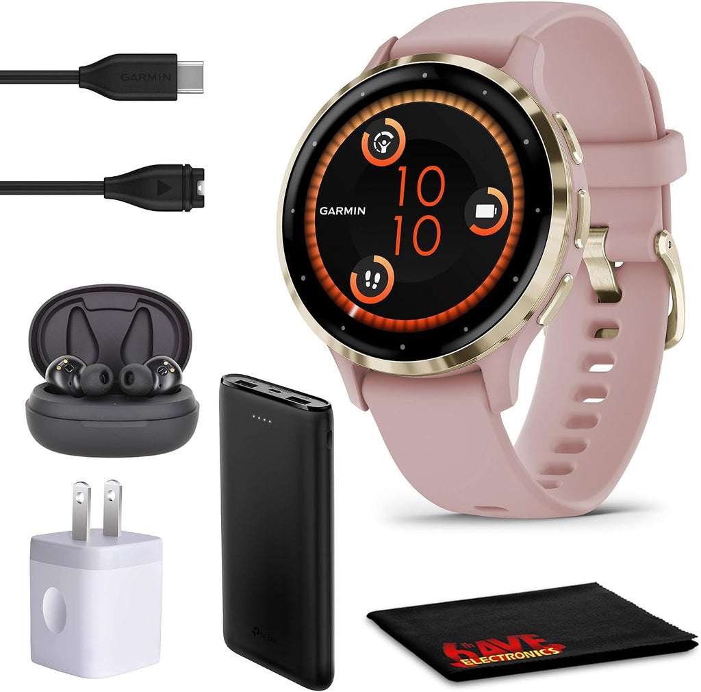 Garmin Venu 3S Advanced Fitness and Health Tracker Smart Watch Soft Gold Stainless Steel Bezel with Dust Rose Case and 41MM Silicone Band 1.2 Inch AMOLED Touch Screen Display Bundle