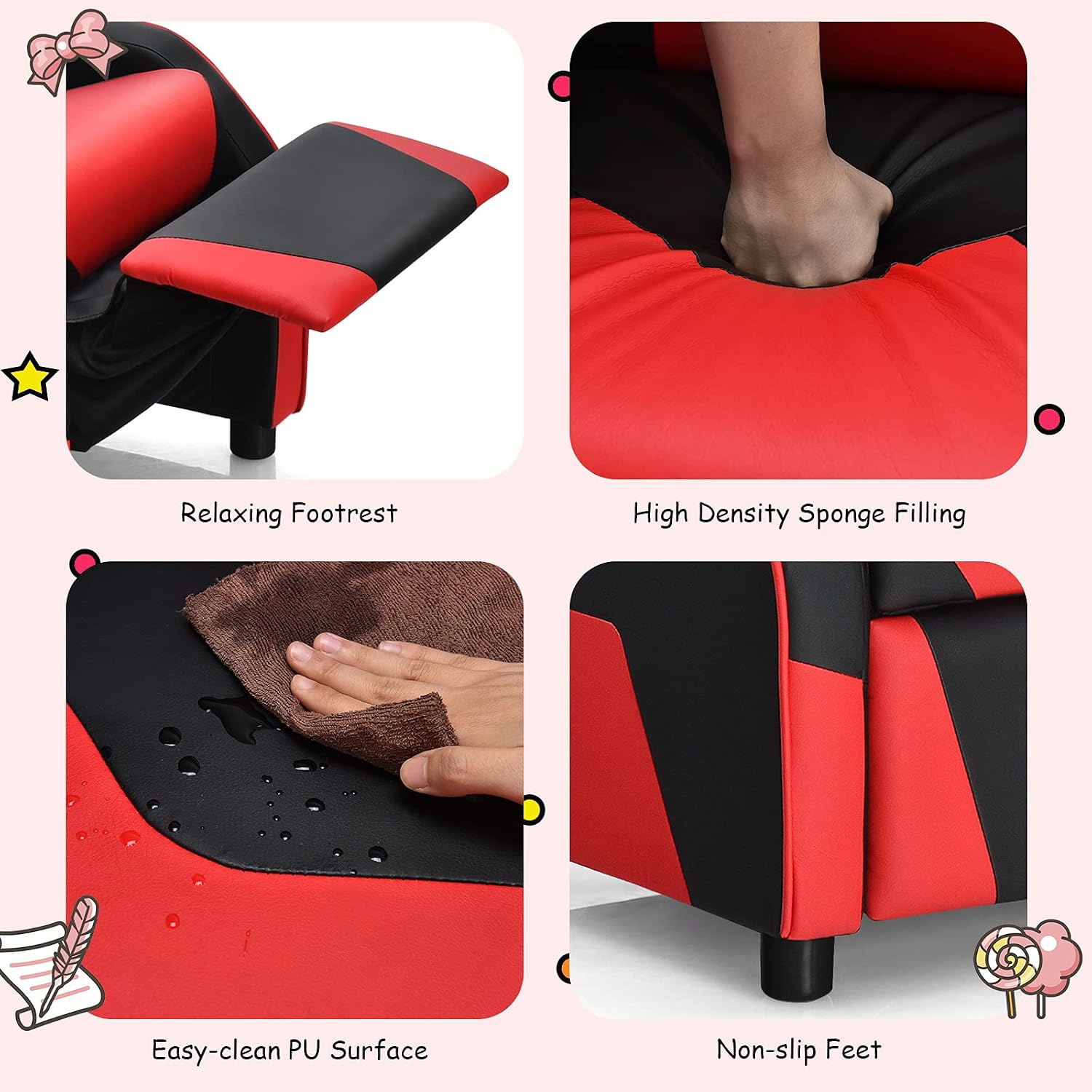 ARLIME Kids Recliner, PU Leather Kid Lounge Chair w/Footrest, Armrest, Headrest & Lumbar Support, Adjustable Gaming Toddler Sofa Armchair for Boys Girls (Red)