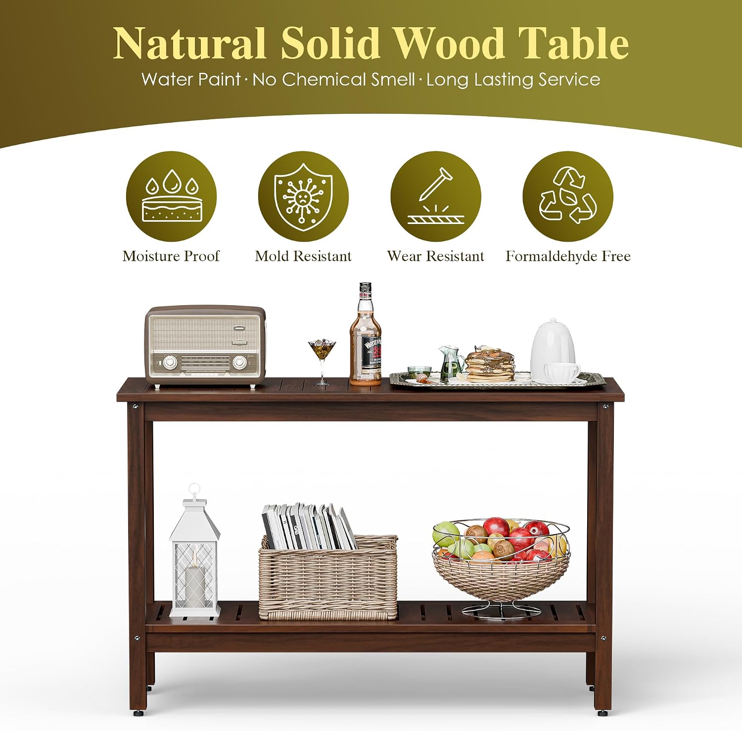SUPER DEAL All-Weather Patio Bar Table Entry Console Table, 2-Shelf 48 inch Solid Wood Indoor Outdoor Multifunctional Buffet Storage Organizer with Adjustable Feet, Espresso