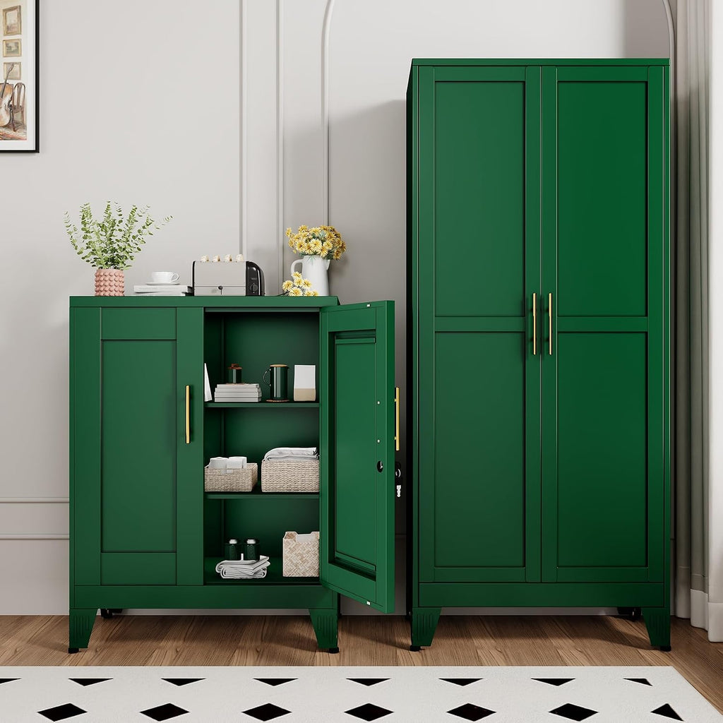 Green Metal Storage Cabinet, 36' Tall Locking Storage Cabinet with 2 Adjustable Shelves, Steel Locker Organizer, for Office, Home, School, 2PS
