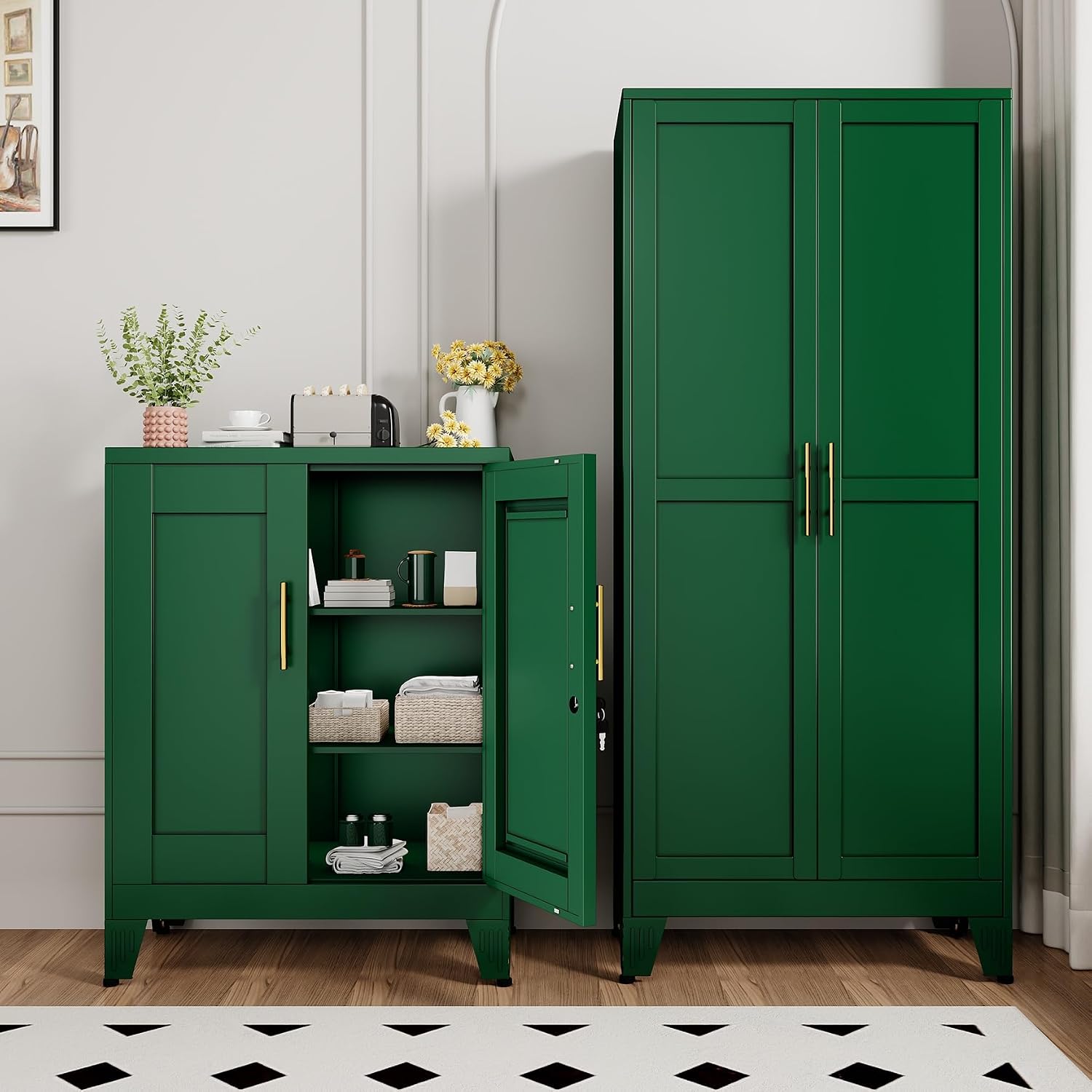 Green Metal Storage Cabinet, 36' Tall Locking Storage Cabinet with 2 Adjustable Shelves, Steel Locker Organizer, for Office, Home, School, 2PS