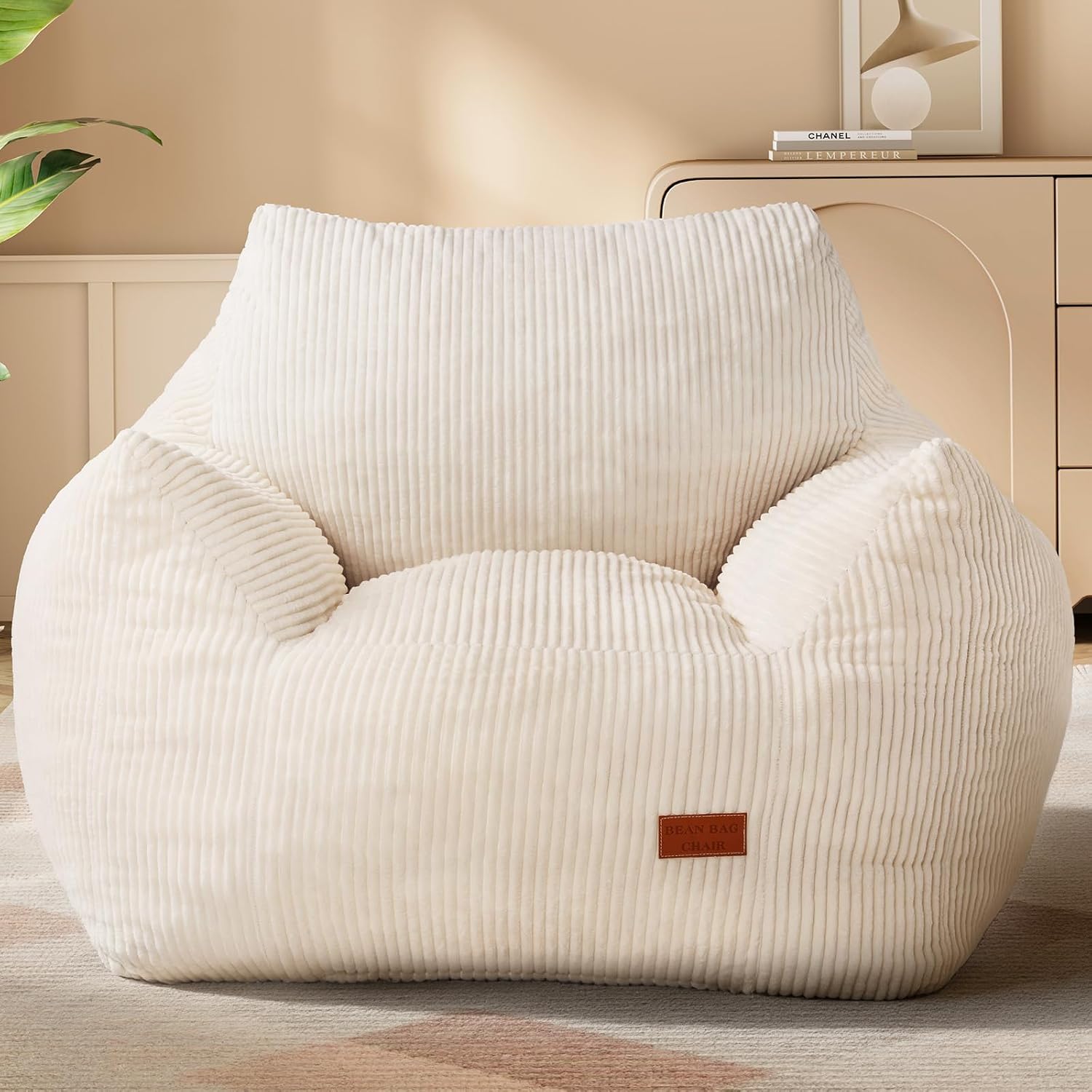 Big Bean Bag Chair for Adults, Ultra Soft Living Room Bean Bag with Armrests, Stuffed BeanBag Chair for Napping, Gaming, Vacuum-Compressed for Easy Gifting, 48 Hours to Fluffs Up, Beige