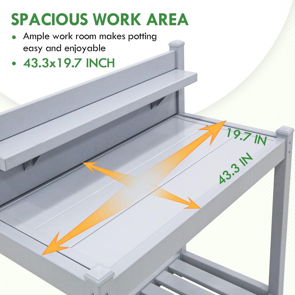 EAGLE PEAK Potting Bench, Weatherproof Vinyl Potting Table for Outdoor & Indoor Use, Easy Clean Garden Workstation with Storage Shelves, Gray, 40'