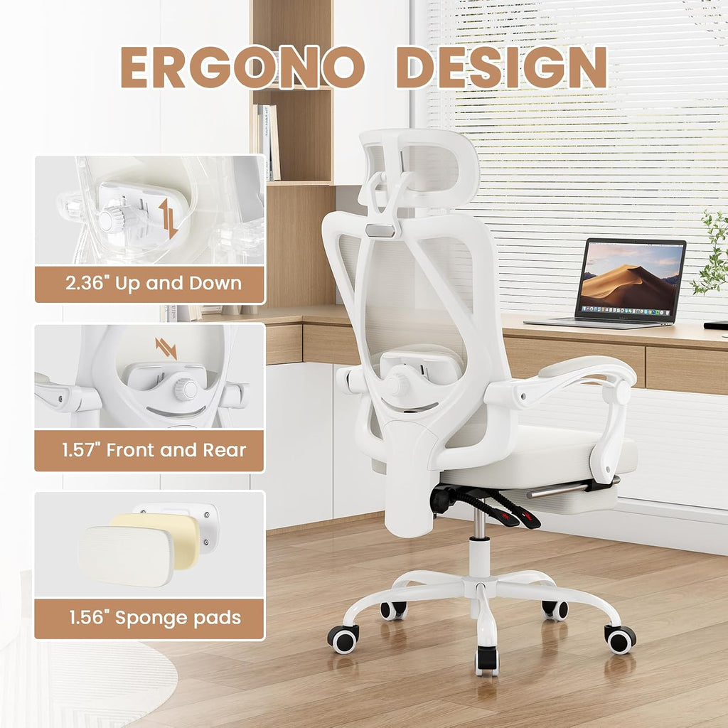 Farini Office Chair with Footrest, Ergonomic Mesh Office Chair with Headrest, High Back Desk Chair with Lumbar Support, Swivel Computer Chair for Office Study Room, White and Beige