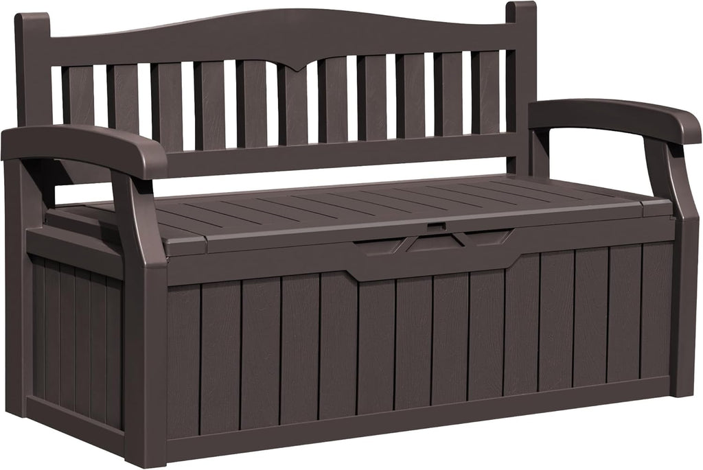 Greesum 80 Gallon Outdoor Storage Bench, Resin Patio Furniture with Armrest,Waterproof and UV-Resistant, Perfect to Garden, Poolside and Lawn, Dark Brown