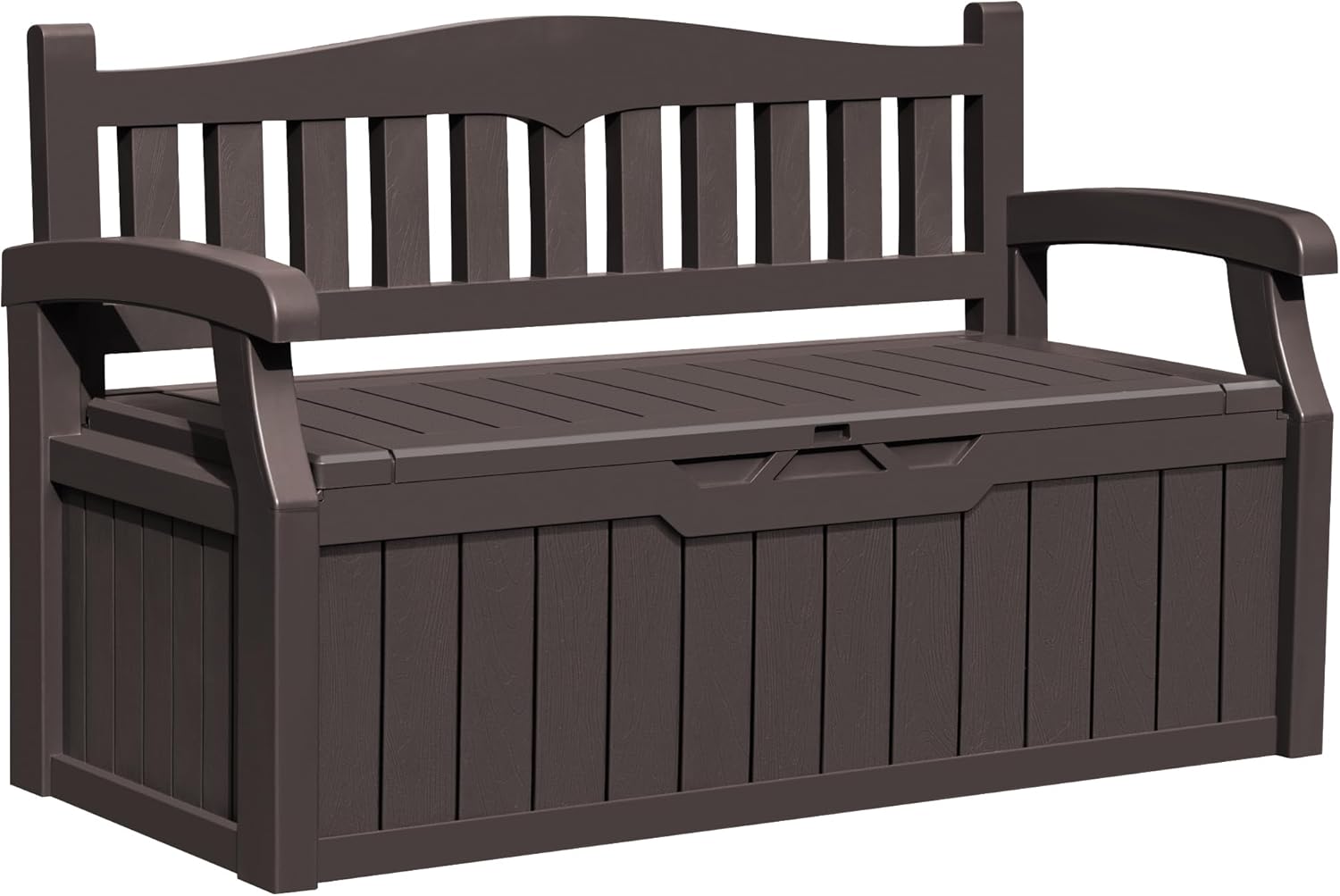 Greesum 80 Gallon Outdoor Storage Bench, Resin Patio Furniture with Armrest,Waterproof and UV-Resistant, Perfect to Garden, Poolside and Lawn, Dark Brown