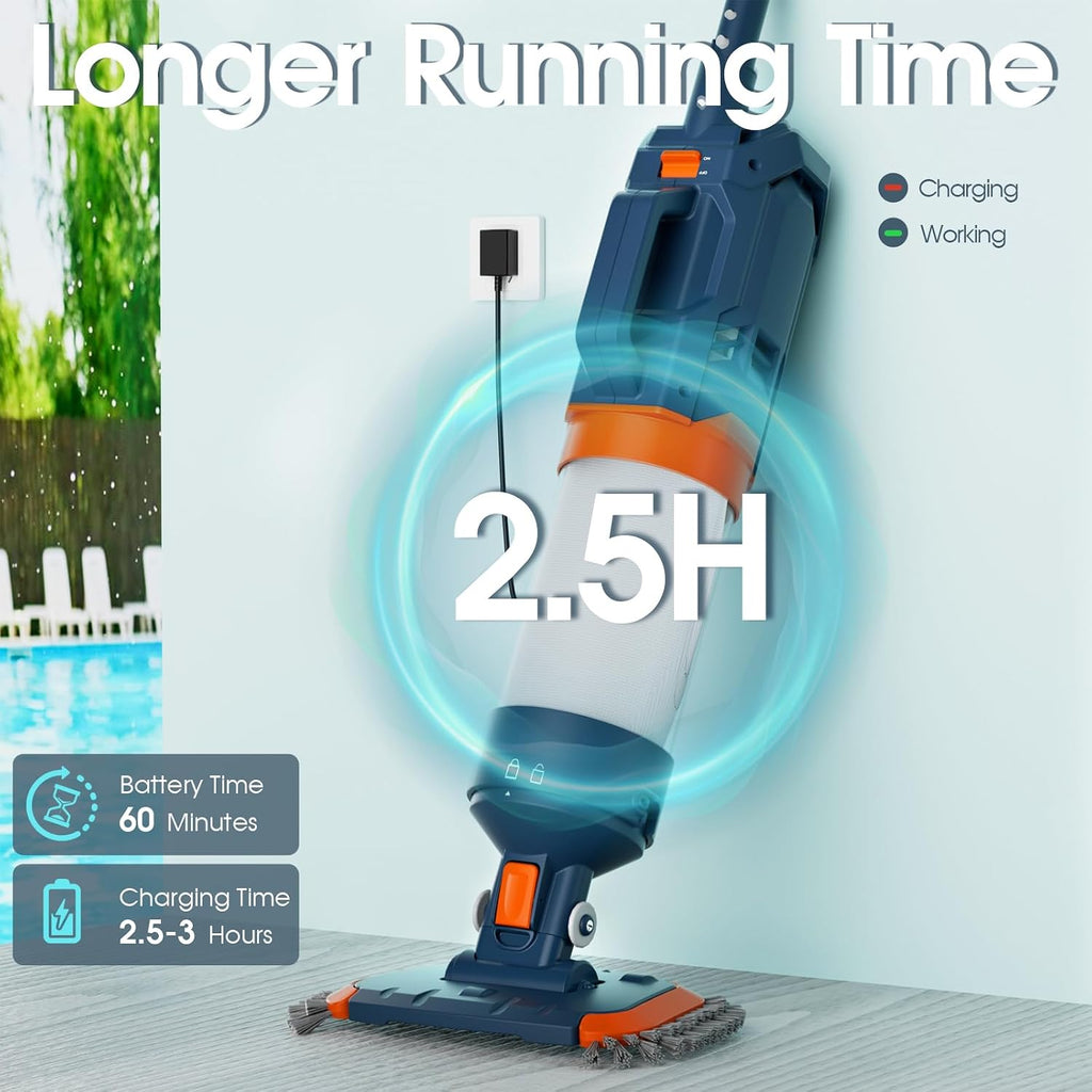 Cordless Pool Vacuum-25 Micron Fluff Ultra Fine Filter, True Powerful Suction 18.9GPM,1H Runtime, Handheld Rechargeable Hot Tub Cleaner with Poles for Above Ground&Inground Pool